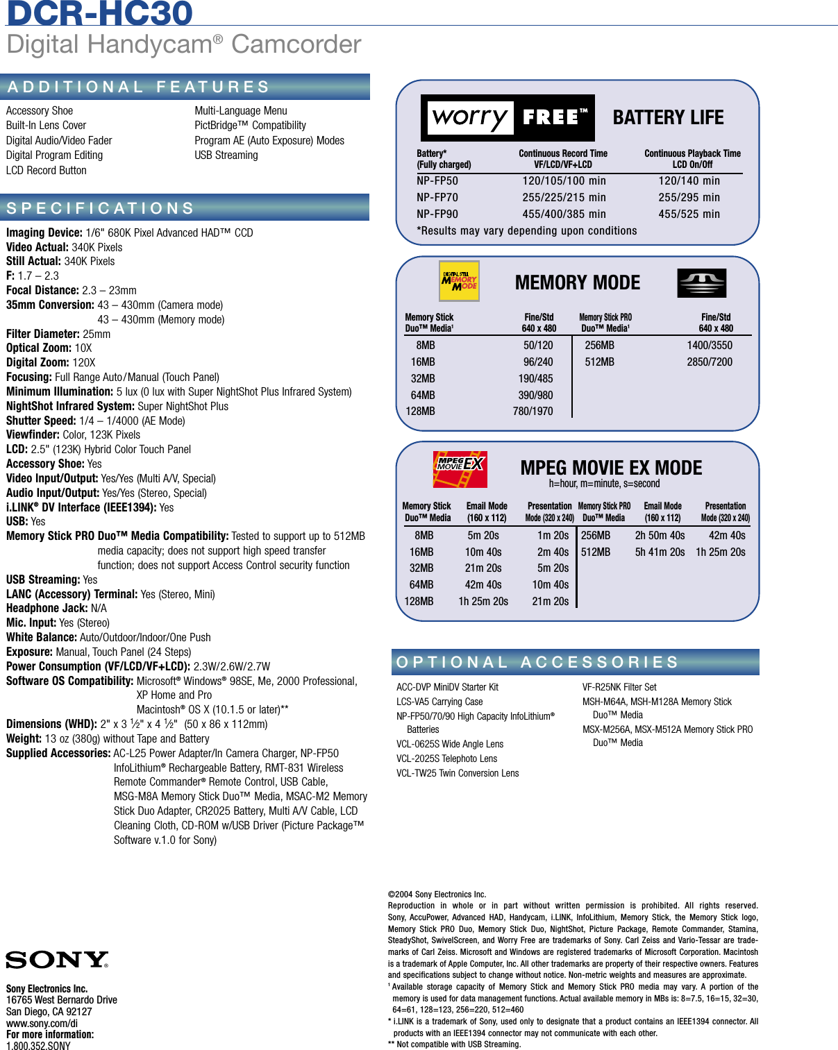 Page 2 of 2 - Sony DCR-HC30 Son 986; West Book 1 User Manual Marketing Specifications DCRHC30 Mksp