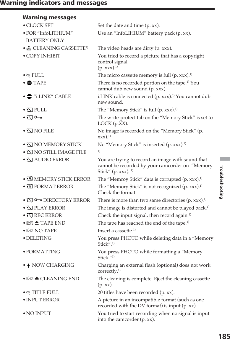 185TroubleshootingWarning messages•CLOCK SET Set the date and time (p. xx).•FOR “InfoLITHIUM” Use an “InfoLIHIUM” battery pack (p. xx).BATTERY ONLY• CLEANING CASSETTE2) The video heads are dirty (p. xxx).•COPY INHIBIT You tried to record a picture that has a copyrightcontrol signal(p. xxx).1)• FULL The micro cassette memory is full (p. xxx).1)• TAPE There is no recorded portion on the tape.1) Youcannot dub new sound (p. xxx).• “i.LINK” CABLE i.LINK cable is connected (p. xxx).1) You cannot dubnew sound.• FULL The “Memory Stick” is full (p. xxx).1)•  -The write-protect tab on the “Memory Stick” is set toLOCK (p.XX).• NO FILE No image is recorded on the “Memory Stick” (p.xxx).1)• NO MEMORY STICK No “Memory Stick” is inserted (p. xxx).1)• NO STILL IMAGE FILE 1)• AUDIO ERROR You are trying to record an image with sound thatcannot be recorded by your camcorder on  “MemoryStick” (p. xxx). 1)• MEMORY STICK ERROR The “Memroy Stick” data is corrupted (p. xxx).1)• FORMAT ERROR The “Memory Stick” is not recognized (p. xxx).1)Check the format.•  - DIRECTORY ERROR There is more than two same directories (p. xxx).1)• PLAY ERROR The image is distorted and cannot be played back.1)• REC ERROR Check the input signal, then record again.1)•Q Z TAPE END The tape has reached the end of the tape.1)•Q NO TAPE Insert a cassette.1)•DELETING You press PHOTO while deleting data in a “MemoryStick”.1)•FORMATTING You press PHOTO while formatting a “MemoryStick.”1)• NOW CHARGING Charging an external flash (optional) does not workcorrectly.1)•Q Z CLEANING END The cleaning is complete. Eject the cleaning cassette(p. xx).• TITLE FULL 20 titles have been recorded (p. xx).•INPUT ERROR A picture in an incompatible format (such as onerecorded with the DV format) is input (p. xx).•NO INPUT You tried to start recording when no signal is inputinto the camcorder (p. xx).Warning indicators and messages