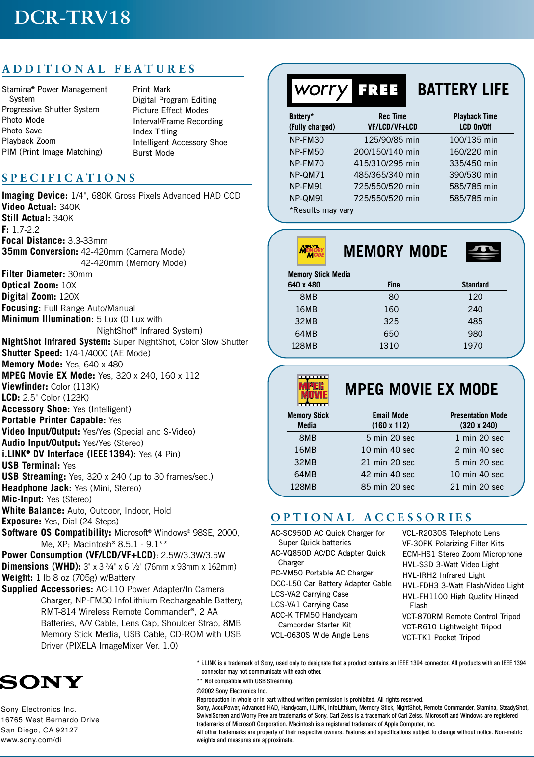 Page 2 of 2 - Sony DCR-TRV18 Son 904; 8 Mini DV Story User Manual Marketing Specifications DCRTRV18 Sp