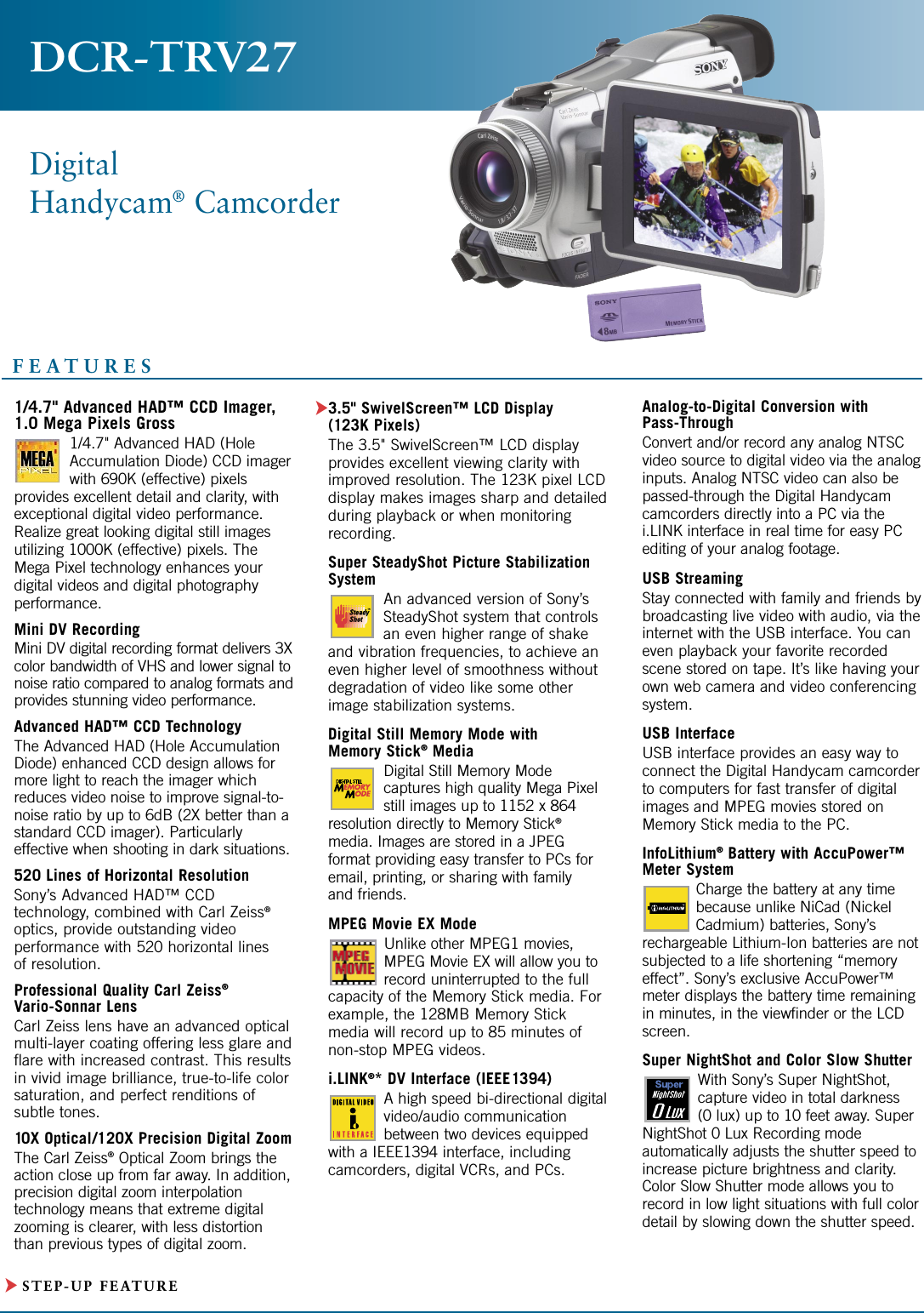 Page 1 of 2 - Sony DCR-TRV27 Son 904; 8 Mini DV Story User Manual Marketing Specifications DCRTRV27 Sp