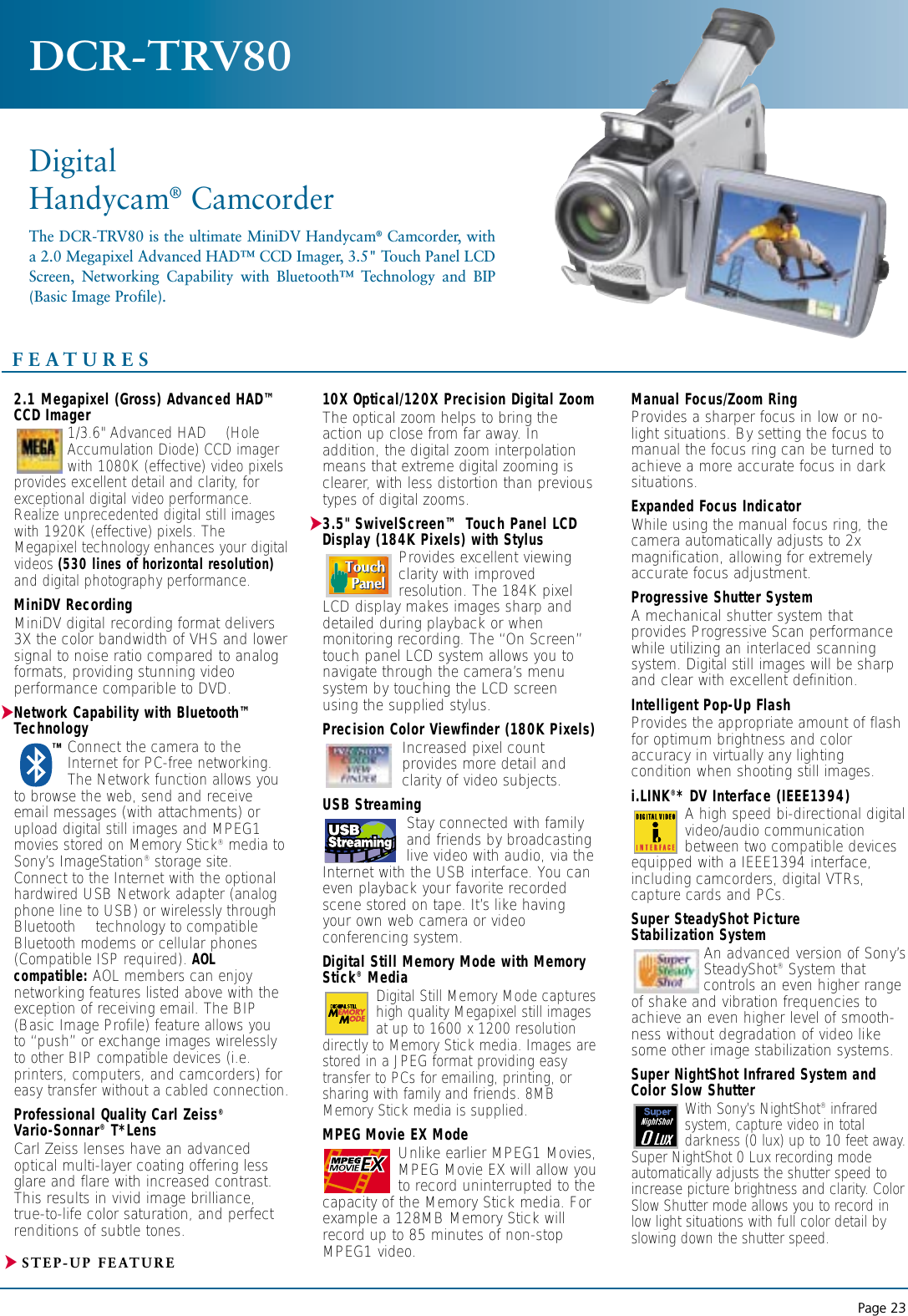 Page 1 of 2 - Sony DCR-TRV80 SON 904; 9 Mini DV Prod/Chart User Manual Marketing Specifications DCRTRV80 Mksp