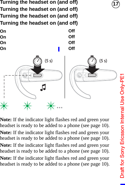 Draft for Sony Ericsson Internal Use Only-PE117Turning the headset on (and off)Turning the headset on (and off)Turning the headset on (and off)Turning the headset on (and off)Note: If the indicator light flashes red and green your headset is ready to be added to a phone (see page 10).Note: If the indicator light flashes red and green your headset is ready to be added to a phone (see page 10).Note: If the indicator light flashes red and green your headset is ready to be added to a phone (see page 10).Note: If the indicator light flashes red and green your headset is ready to be added to a phone (see page 10).(5 s) (5 s)OnOnOnOnOffOffOffOff