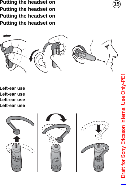 Draft for Sony Ericsson Internal Use Only-PE119Putting the headset onPutting the headset onPutting the headset onPutting the headset onLeft-ear useLeft-ear useLeft-ear useLeft-ear use