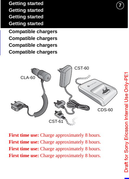 Draft for Sony Ericsson Internal Use Only-PE17Getting startedGetting startedGetting startedGetting startedCompatible chargersCompatible chargersCompatible chargersCompatible chargersFirst time use: Charge approximately 8 hours.First time use: Charge approximately 8 hours.First time use: Charge approximately 8 hours.First time use: Charge approximately 8 hours.CST-60CST-61CLA-60CDS-60