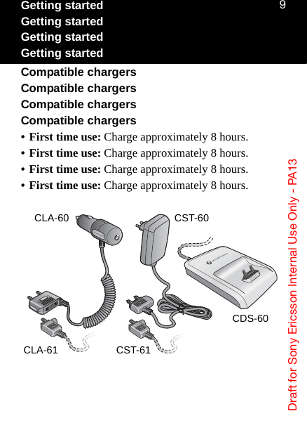 aê~Ñí=Ñçê=pçåó=bêáÅëëçå=fåíÉêå~ä=rëÉ=låäó=J=m^NPVGetting startedGetting startedGetting startedGetting startedCompatible chargersCompatible chargersCompatible chargersCompatible chargers•First time use: Charge approximately 8 hours.•First time use: Charge approximately 8 hours.•First time use: Charge approximately 8 hours.•First time use: Charge approximately 8 hours.CST-60CST-61CLA-60CDS-60CLA-61