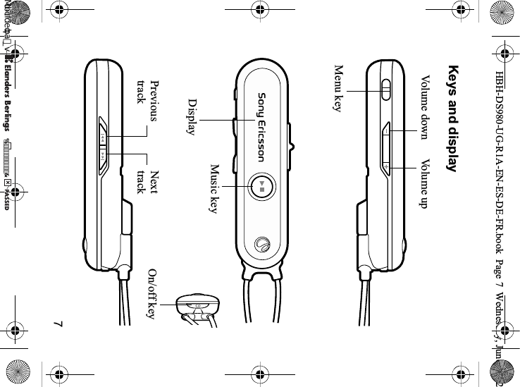 7Keys and displayVo lum e  upPrevious trackVolume downOn/off keyDisplayMusic keyNext trackMenu keyHBH-DS980-UG-R1A-EN-ES-DE-FR.book  Page 7  Wednesday, June 20, 20REFLIGHTEDBY0REFLIGHTEDBY