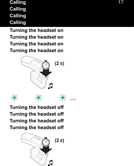 NTCallingCallingCallingCallingTurning the headset onTurning the headset onTurning the headset onTurning the headset onTurning the headset offTurning the headset offTurning the headset offTurning the headset off(5 s)(2 S)(5 s)(2 S)