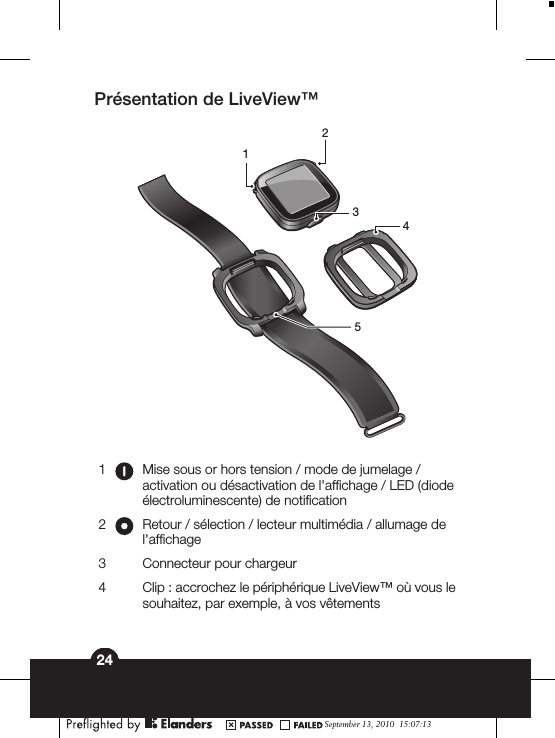 Présentation de LiveView™213451 Mise sous or hors tension / mode de jumelage /activation ou désactivation de l&apos;affichage / LED (diodeélectroluminescente) de notification2 Retour / sélection / lecteur multimédia / allumage del&apos;affichage3   Connecteur pour chargeur4   Clip : accrochez le périphérique LiveView™ où vous lesouhaitez, par exemple, à vos vêtementsSeptember 13, 2010  15:07:1324