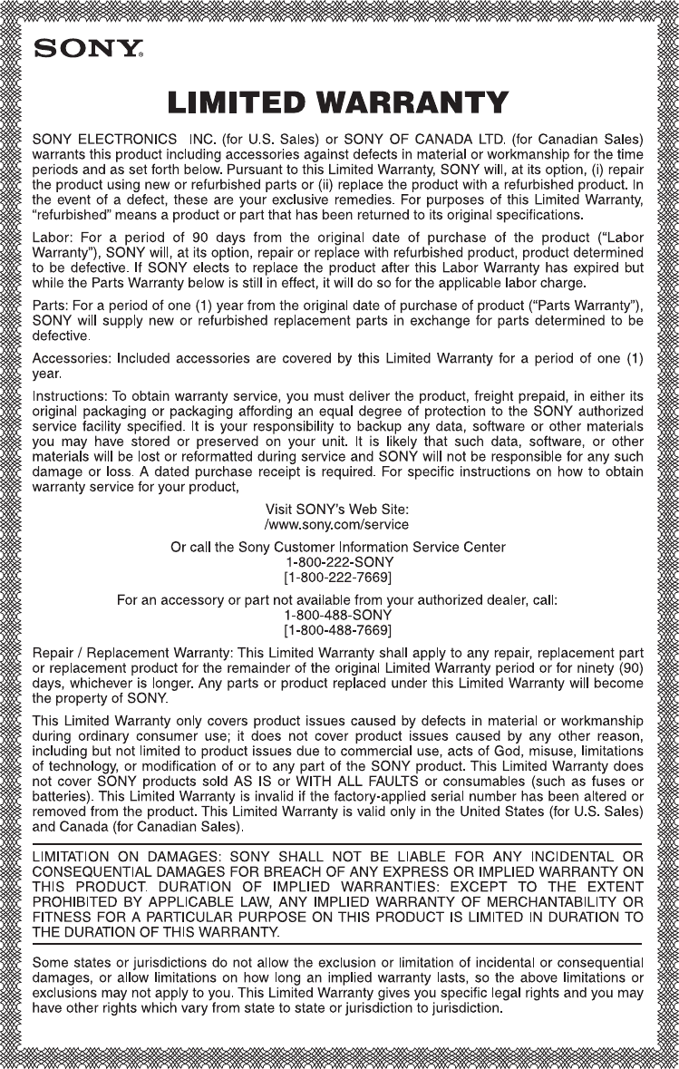 Page 1 of 1 - Sony DHG-HDD250 2-176-411-21 User Manual Warranty Card HD-DVR90L1yr