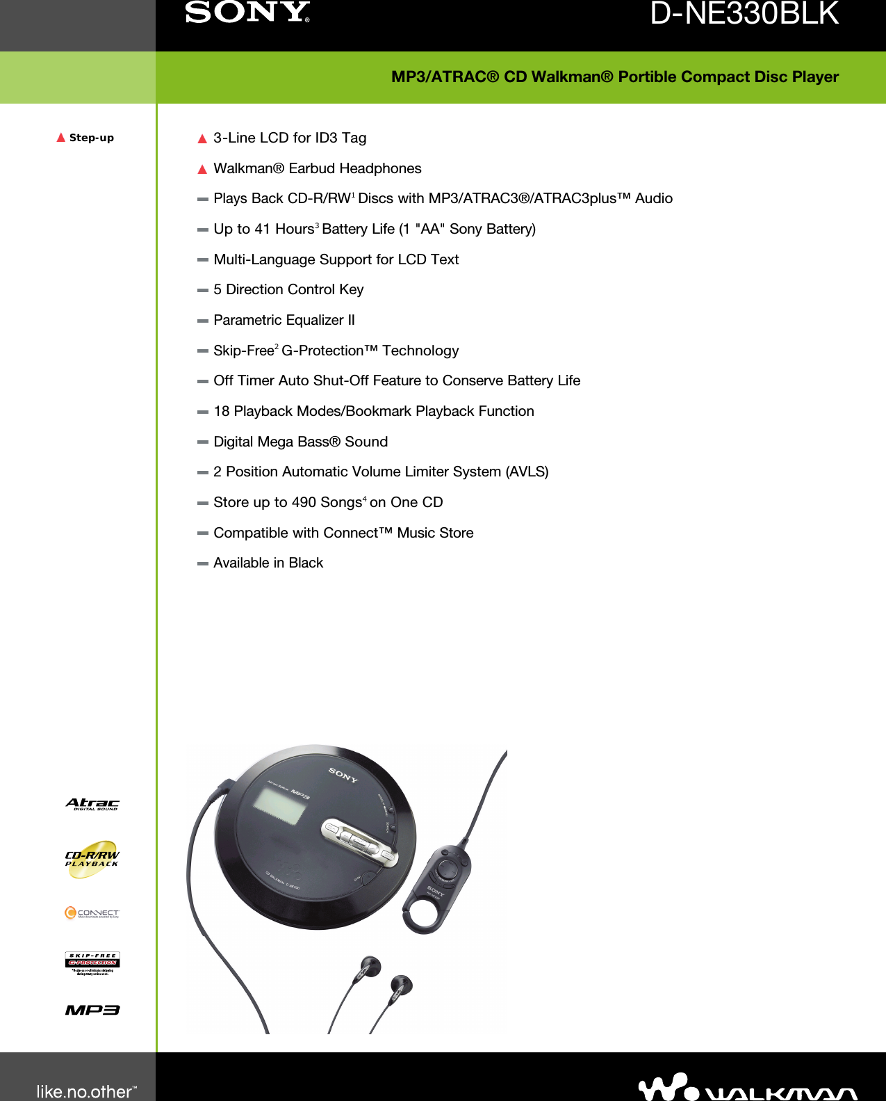Page 1 of 2 - Sony D-NE330 User Manual Product Specifications DNE330BLACK Specs