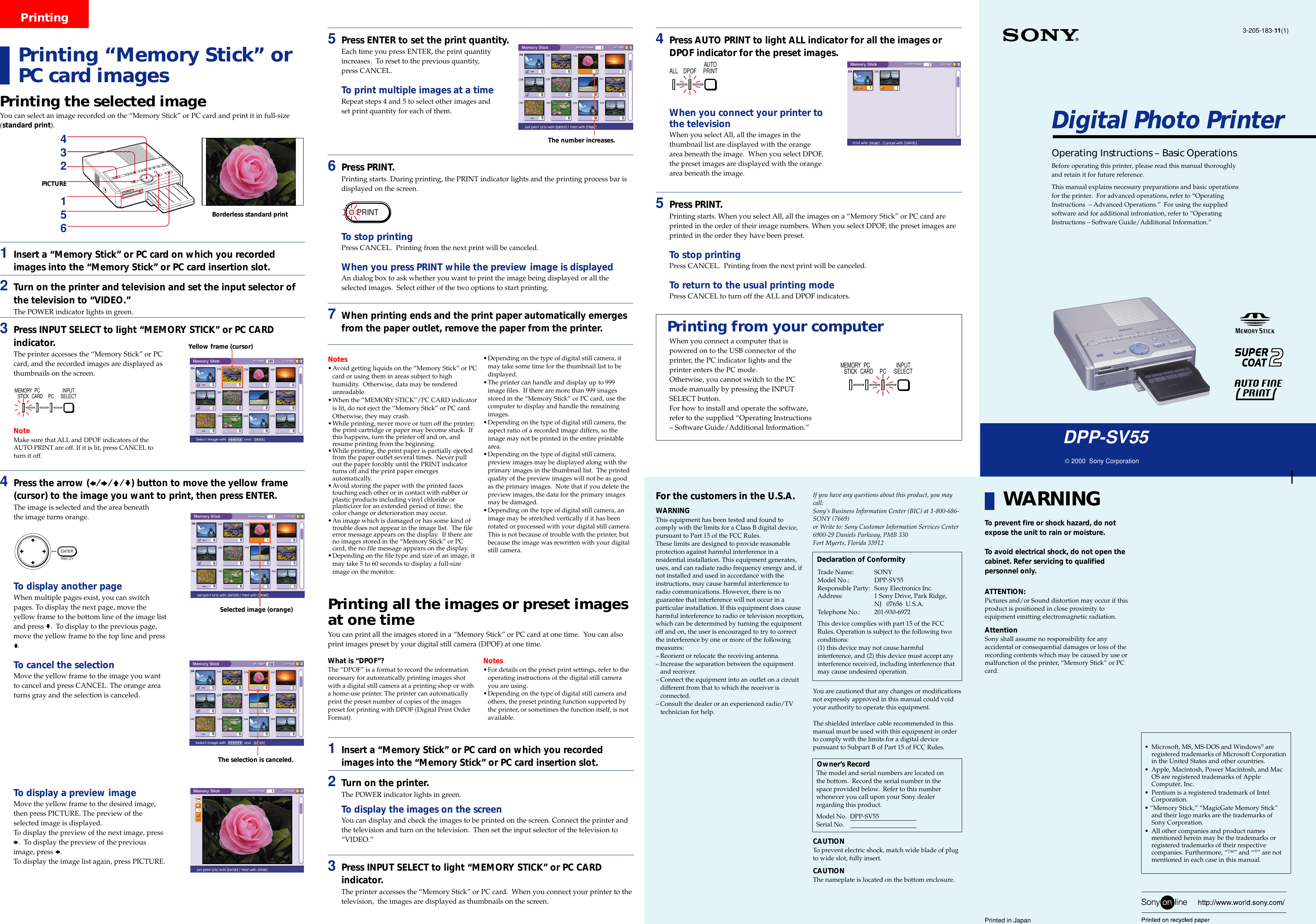 Page 1 of 2 - Sony DPP-SV55 Basic Operations User Manual Operating Instructions: DPPSV55