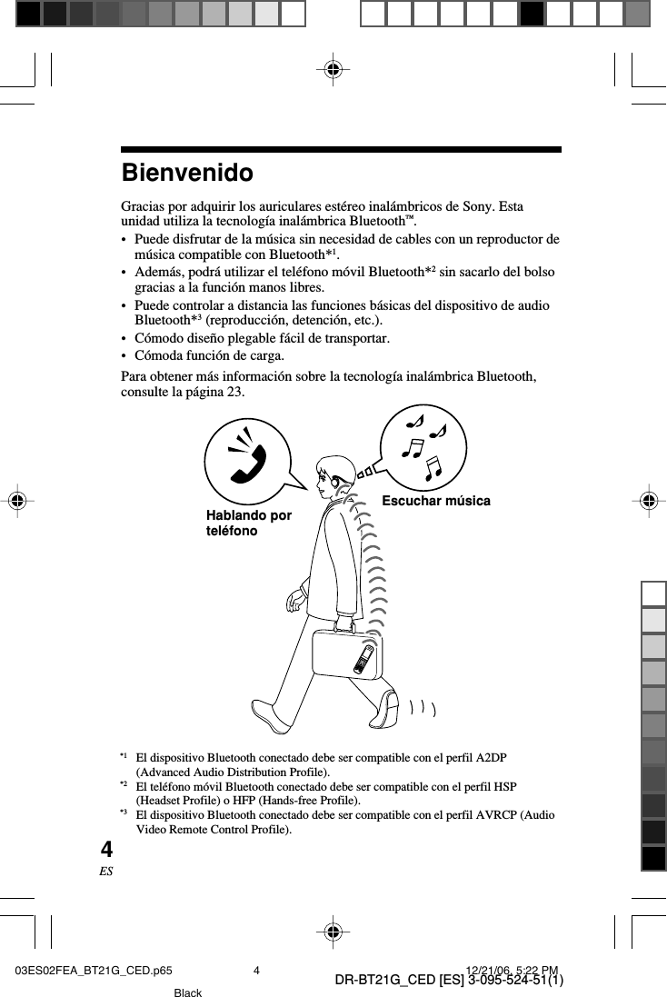 DR-BT21G_CED [ES] 3-095-524-51(1)4ESBienvenidoGracias por adquirir los auriculares est&eacute;reo inal&aacute;mbricos de Sony. Estaunidad utiliza la tecnolog&iacute;a inal&aacute;mbrica Bluetooth&trade;.&bull; Puede disfrutar de la m&uacute;sica sin necesidad de cables con un reproductor dem&uacute;sica compatible con Bluetooth*1.&bull;Adem&aacute;s, podr&aacute; utilizar el tel&eacute;fono m&oacute;vil Bluetooth*2 sin sacarlo del bolsogracias a la funci&oacute;n manos libres.&bull;Puede controlar a distancia las funciones b&aacute;sicas del dispositivo de audioBluetooth*3 (reproducci&oacute;n, detenci&oacute;n, etc.).&bull;C&oacute;modo dise&ntilde;o plegable f&aacute;cil de transportar.&bull;C&oacute;moda funci&oacute;n de carga.Para obtener m&aacute;s informaci&oacute;n sobre la tecnolog&iacute;a inal&aacute;mbrica Bluetooth,consulte la p&aacute;gina 23.*1 El dispositivo Bluetooth conectado debe ser compatible con el perfil A2DP(Advanced Audio Distribution Profile).*2 El tel&eacute;fono m&oacute;vil Bluetooth conectado debe ser compatible con el perfil HSP(Headset Profile) o HFP (Hands-free Profile).*3 El dispositivo Bluetooth conectado debe ser compatible con el perfil AVRCP (AudioVideo Remote Control Profile).Escuchar m&uacute;sicaHablando portel&eacute;fono03ES02FEA_BT21G_CED.p65 12/21/06, 5:22 PM4Black