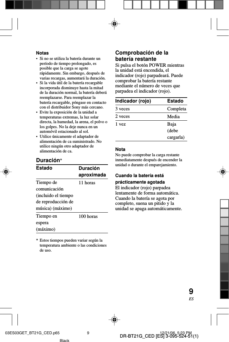 DR-BT21G_CED [ES] 3-095-524-51(1)9ESDuraci&oacute;naproximada11 horas100 horasEstadoCompletaMediaBaja(debecargarla)Notas&bull;Si no se utiliza la bater&iacute;a durante unper&iacute;odo de tiempo prolongado, esposible que la carga se agoter&aacute;pidamente. Sin embargo, despu&eacute;s devarias recargas, aumentar&aacute; la duraci&oacute;n.&bull;Si la vida &uacute;til de la bater&iacute;a recargableincorporada disminuye hasta la mitadde la duraci&oacute;n normal, la bater&iacute;a deber&aacute;reemplazarse. Para reemplazar labater&iacute;a recargable, p&oacute;ngase en contactocon el distribuidor Sony m&aacute;s cercano.&bull;Evite la exposici&oacute;n de la unidad atemperaturas extremas, la luz solardirecta, la humedad, la arena, el polvo olos golpes. No la deje nunca en unautom&oacute;vil estacionado al sol.&bull;Utilice &uacute;nicamente el adaptador dealimentaci&oacute;n de ca suministrado. Noutilice ning&uacute;n otro adaptador dealimentaci&oacute;n de ca.Duraci&oacute;n*EstadoTiempo decomunicaci&oacute;n(incluido el tiempode reproducci&oacute;n dem&uacute;sica) (m&aacute;ximo)Tiempo enespera(m&aacute;ximo)*Estos tiempos pueden variar seg&uacute;n latemperatura ambiente o las condicionesde uso.Comprobaci&oacute;n de labater&iacute;a restanteSi pulsa el bot&oacute;n POWER mientrasla unidad est&aacute; encendida, elindicador (rojo) parpadear&aacute;. Puedecomprobar la bater&iacute;a restantemediante el n&uacute;mero de veces queparpadea el indicador (rojo).Indicador (rojo)3 veces2 veces1 vezNotaNo puede comprobar la carga restanteinmediatamente despu&eacute;s de encender launidad o durante el emparejamiento.Cuando la bater&iacute;a est&aacute;pr&aacute;cticamente agotadaEl indicador (rojo) parpadealentamente de forma autom&aacute;tica.Cuando la bater&iacute;a se agota porcompleto, suena un pitido y launidad se apaga autom&aacute;ticamente.03ES03GET_BT21G_CED.p65 12/21/06, 5:23 PM9Black