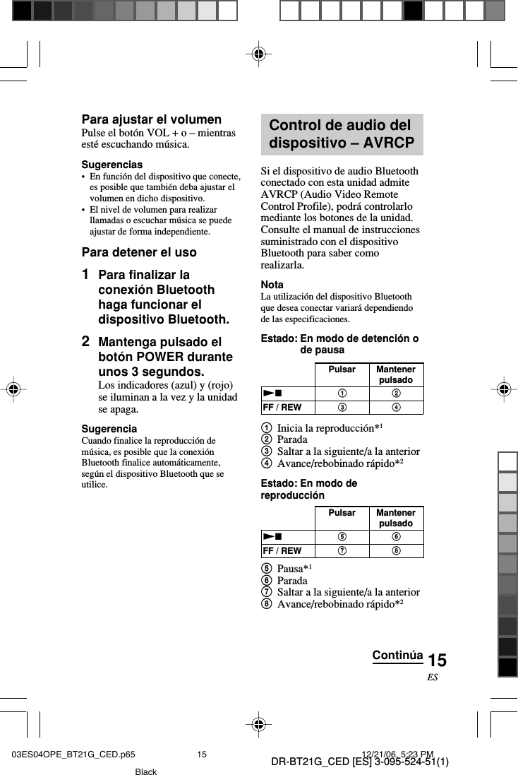 DR-BT21G_CED [ES] 3-095-524-51(1)15ESControl de audio deldispositivo &ndash; AVRCPSi el dispositivo de audio Bluetoothconectado con esta unidad admiteAVRCP (Audio Video RemoteControl Profile), podr&aacute; controlarlomediante los botones de la unidad.Consulte el manual de instruccionessuministrado con el dispositivoBluetooth para saber comorealizarla.NotaLa utilizaci&oacute;n del dispositivo Bluetoothque desea conectar variar&aacute; dependiendode las especificaciones.Estado: En modo de detenci&oacute;n ode pausa1Inicia la reproducci&oacute;n*12Parada3Saltar a la siguiente/a la anterior4Avance/rebobinado r&aacute;pido*2Estado: En modo dereproducci&oacute;n5Pausa*16Parada7Saltar a la siguiente/a la anterior8Avance/rebobinado r&aacute;pido*2Para ajustar el volumenPulse el bot&oacute;n VOL + o &ndash; mientrasest&eacute; escuchando m&uacute;sica.Sugerencias&bull;En funci&oacute;n del dispositivo que conecte,es posible que tambi&eacute;n deba ajustar elvolumen en dicho dispositivo.&bull;El nivel de volumen para realizarllamadas o escuchar m&uacute;sica se puedeajustar de forma independiente.Para detener el uso1Para finalizar laconexi&oacute;n Bluetoothhaga funcionar eldispositivo Bluetooth.2Mantenga pulsado elbot&oacute;n POWER duranteunos 3 segundos.Los indicadores (azul) y (rojo)se iluminan a la vez y la unidadse apaga.SugerenciaCuando finalice la reproducci&oacute;n dem&uacute;sica, es posible que la conexi&oacute;nBluetooth finalice autom&aacute;ticamente,seg&uacute;n el dispositivo Bluetooth que seutilice.Pulsar MantenerpulsadoNxFF / REW1324Contin&uacute;aPulsar MantenerpulsadoNxFF / REW576803ES04OPE_BT21G_CED.p65 12/21/06, 5:23 PM15Black