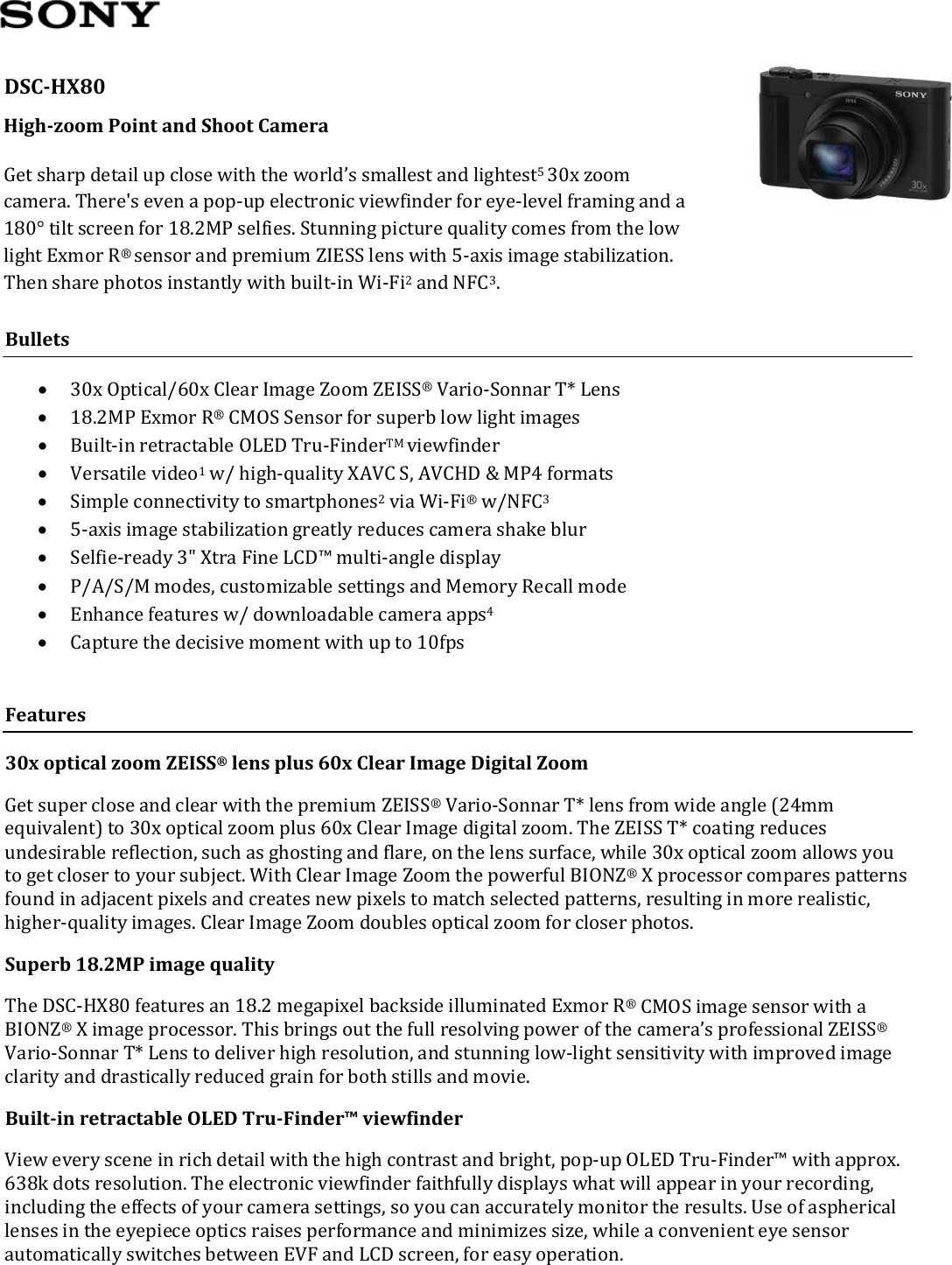 Page 1 of 6 - Sony DSC-HX80 User Manual Marketing Specifications (Camera Only) Specs DSCHX80