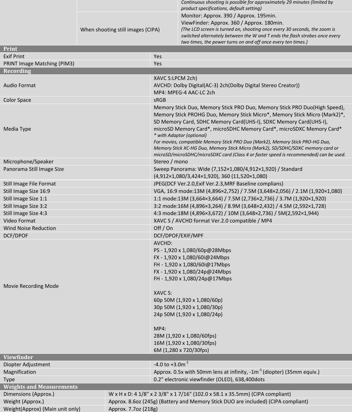 Page 5 of 6 - Sony DSC-HX80 User Manual Marketing Specifications (Camera Only) Specs DSCHX80