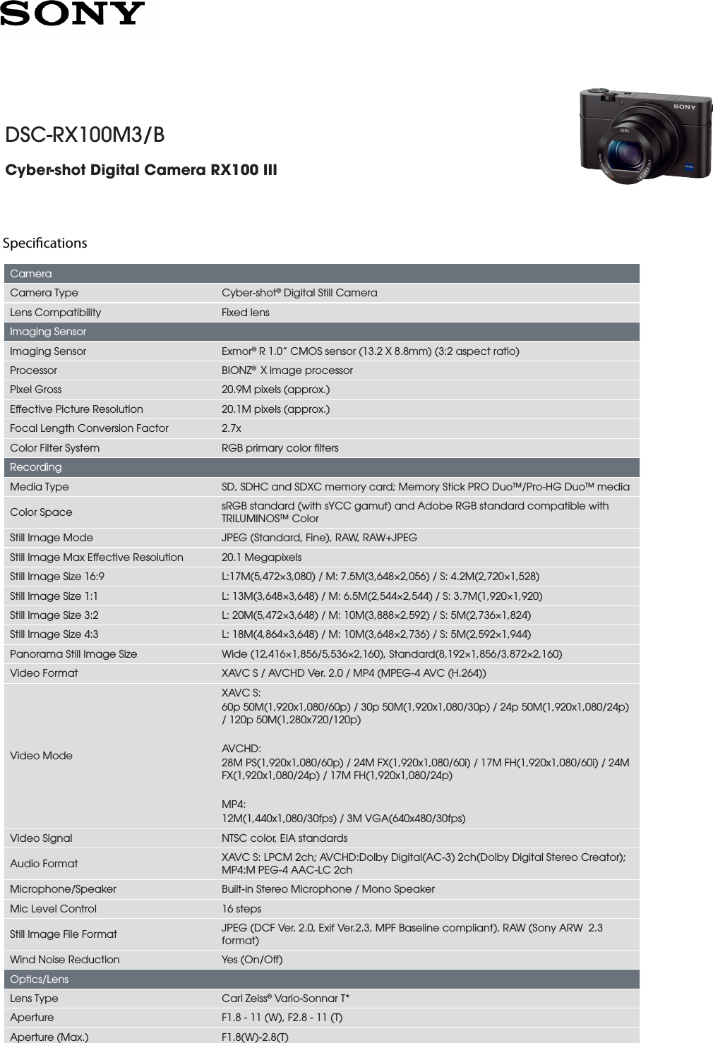 Sony Dsc Rx100m3 User Manual Marketing Specifications Dscrx100m3 Mksp