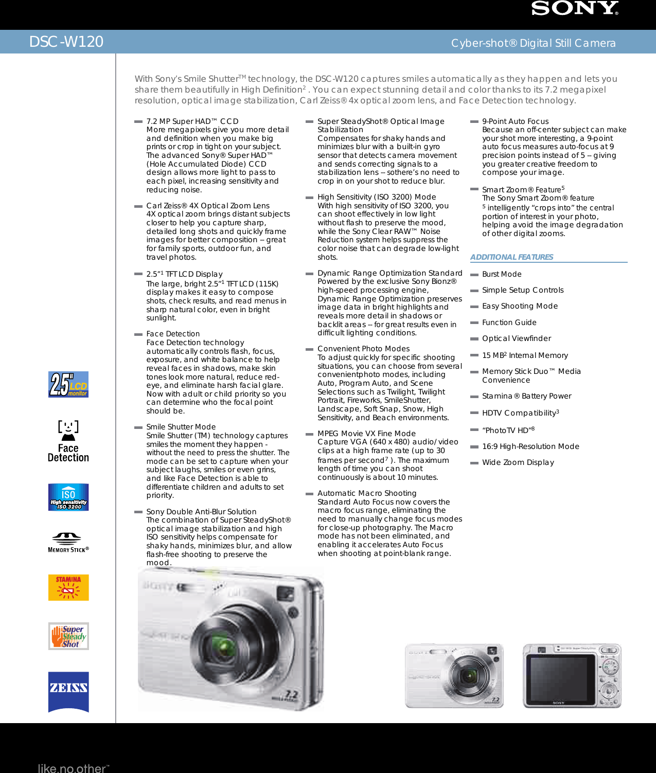 Page 1 of 2 - Sony DSC-W120 User Manual Marketing Specifications (Silver ) DSCW120 Mksp