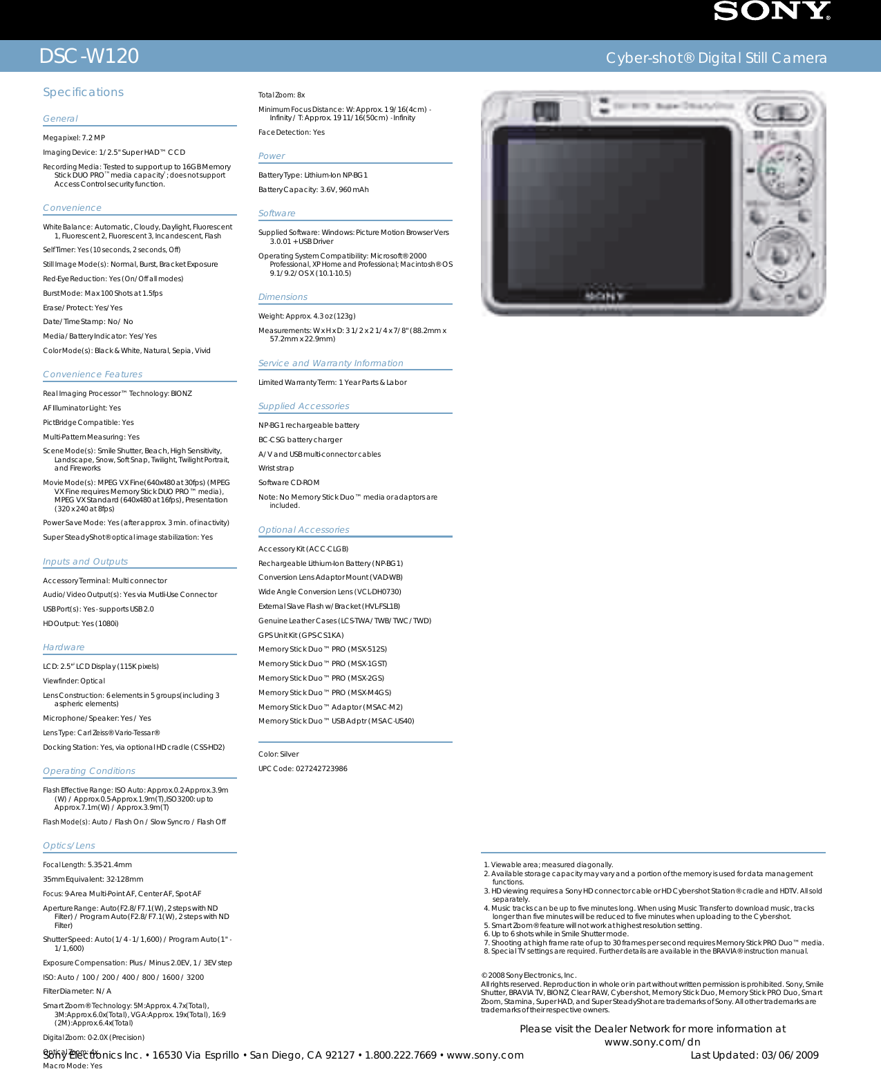 Page 2 of 2 - Sony DSC-W120 User Manual Marketing Specifications (Silver ) DSCW120 Mksp