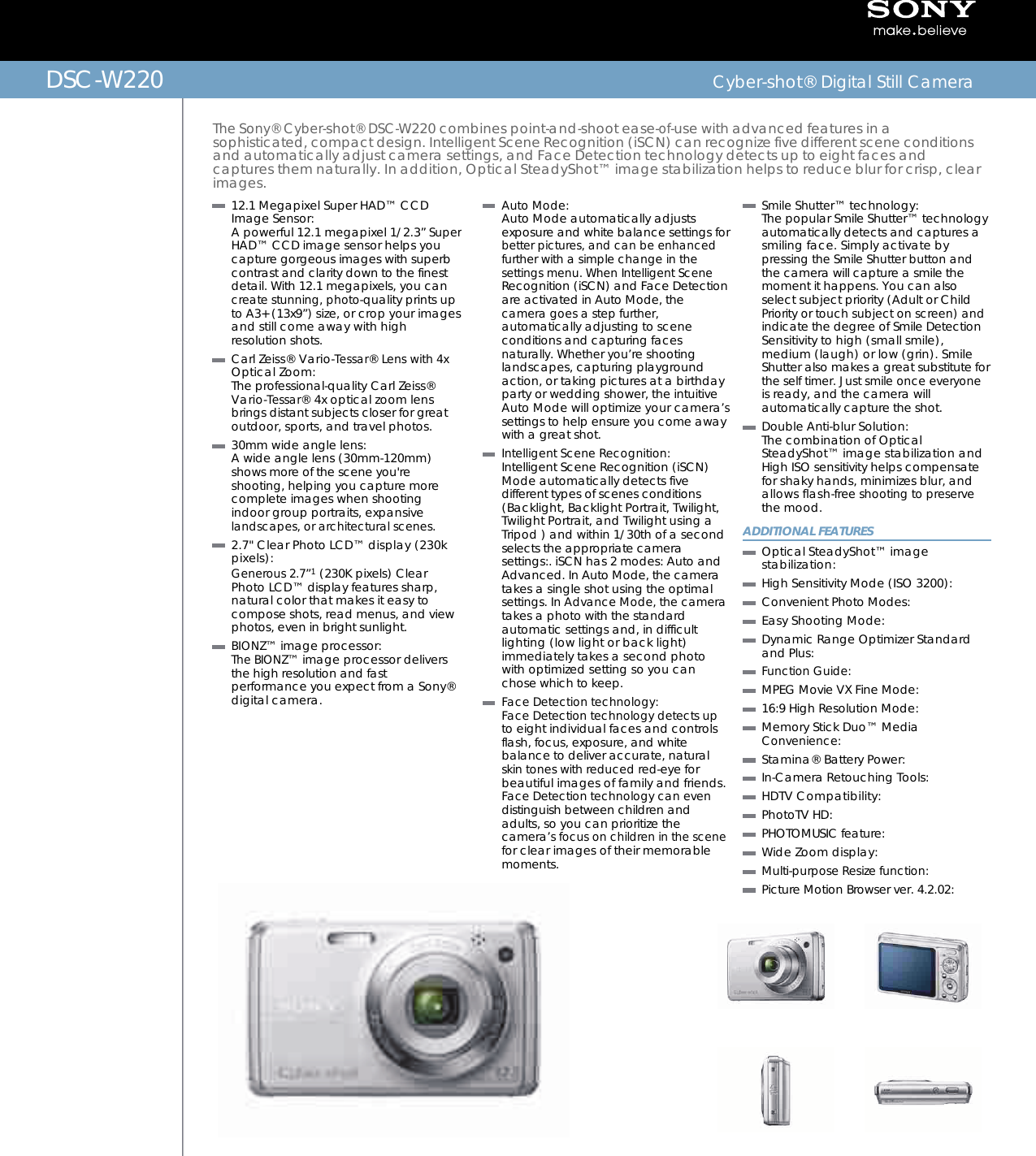 Page 1 of 2 - Sony DSC-W220 User Manual Marketing Specifcations (Silver ) DSCW220 Mksp