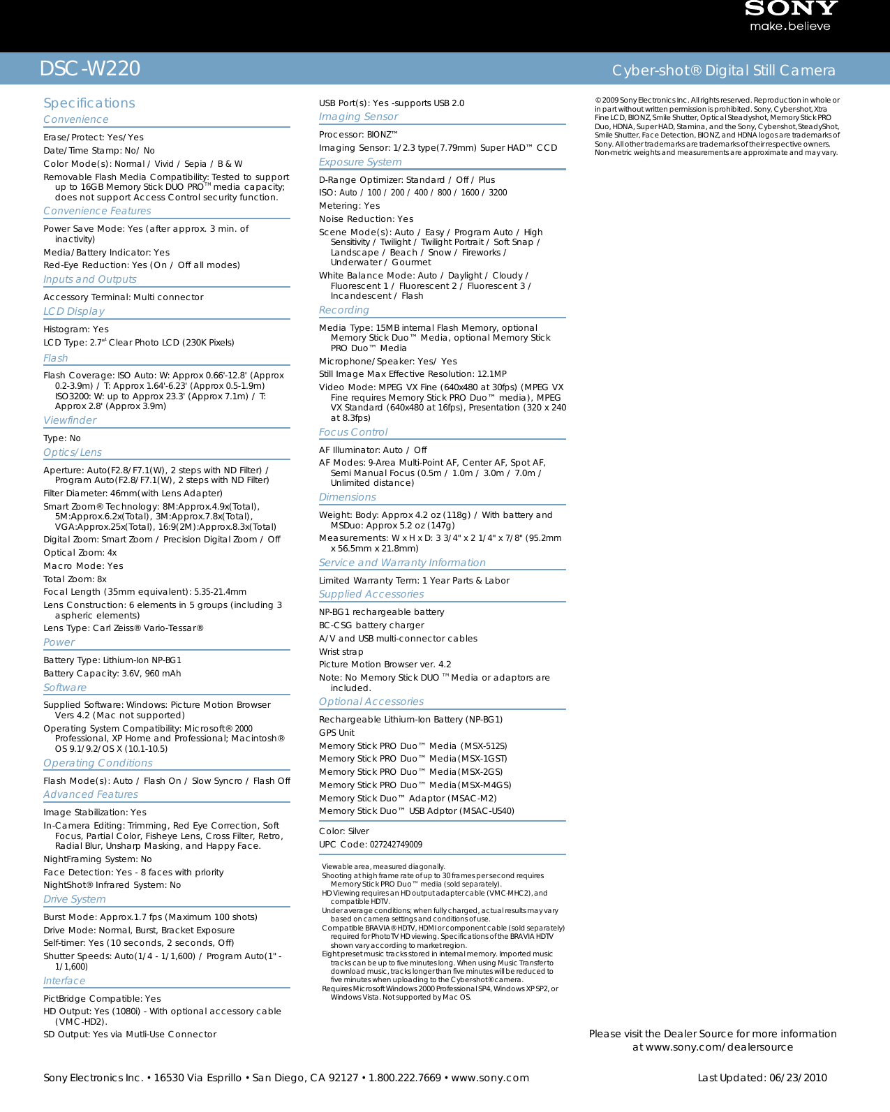 Page 2 of 2 - Sony DSC-W220 User Manual Marketing Specifcations (Silver ) DSCW220 Mksp
