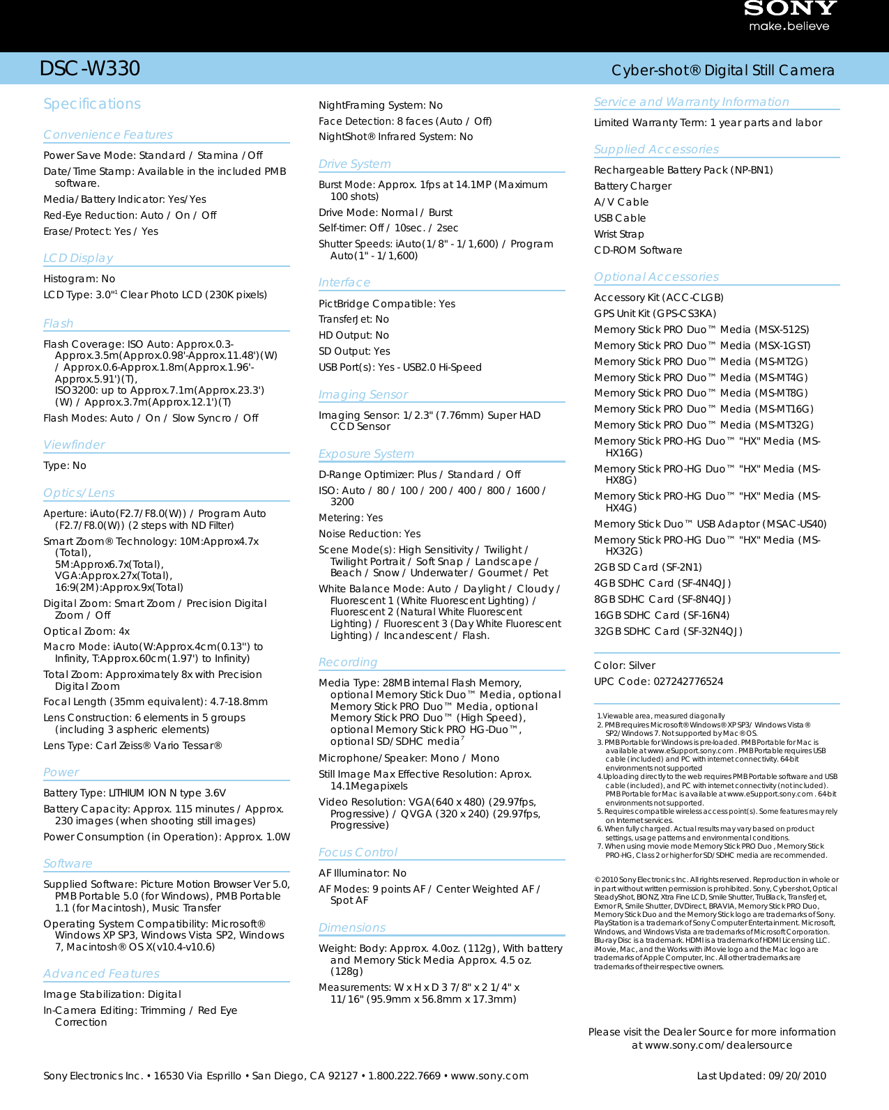 Page 2 of 2 - Sony DSC-W330 User Manual Marketing Specifications (Camera Only) (Silver ) DSCW330 Mksp
