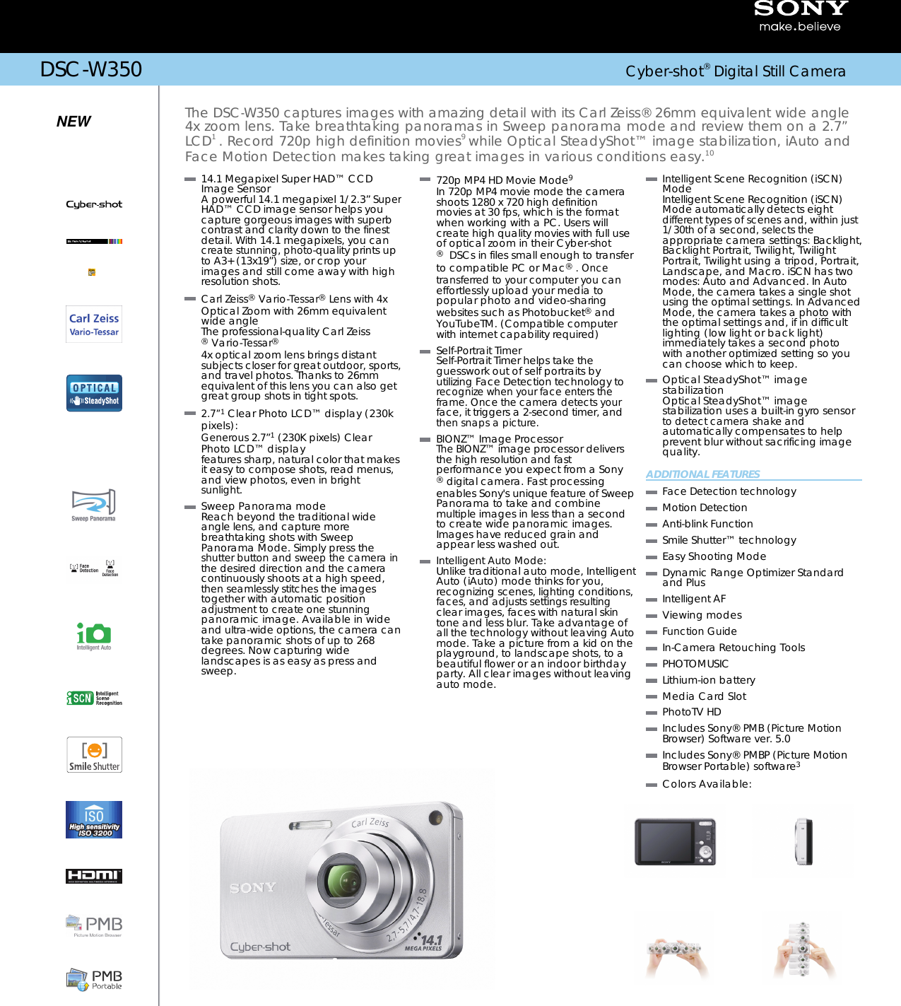 Page 1 of 2 - Sony DSC-W350 User Manual Marketing Specifications (Silver ) DSCW350 Mksp