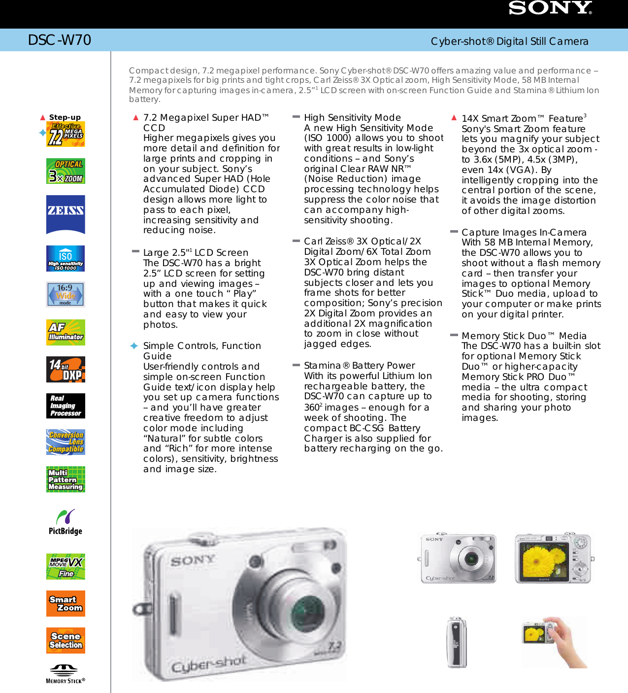 Page 1 of 2 - Sony DSC-W70 User Manual Marketing Specifications (Silver ) DSCW70 Mksp