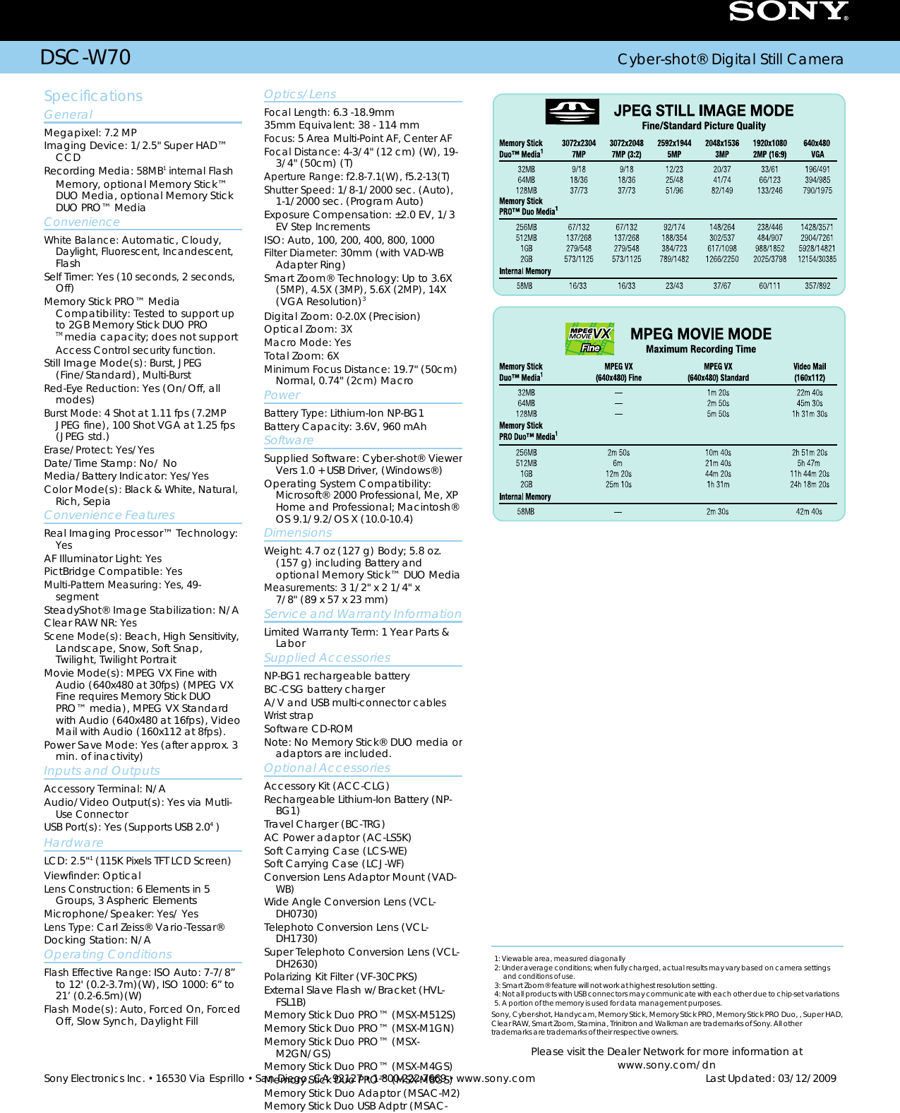 Page 2 of 2 - Sony DSC-W70 User Manual Marketing Specifications (Silver ) DSCW70 Mksp