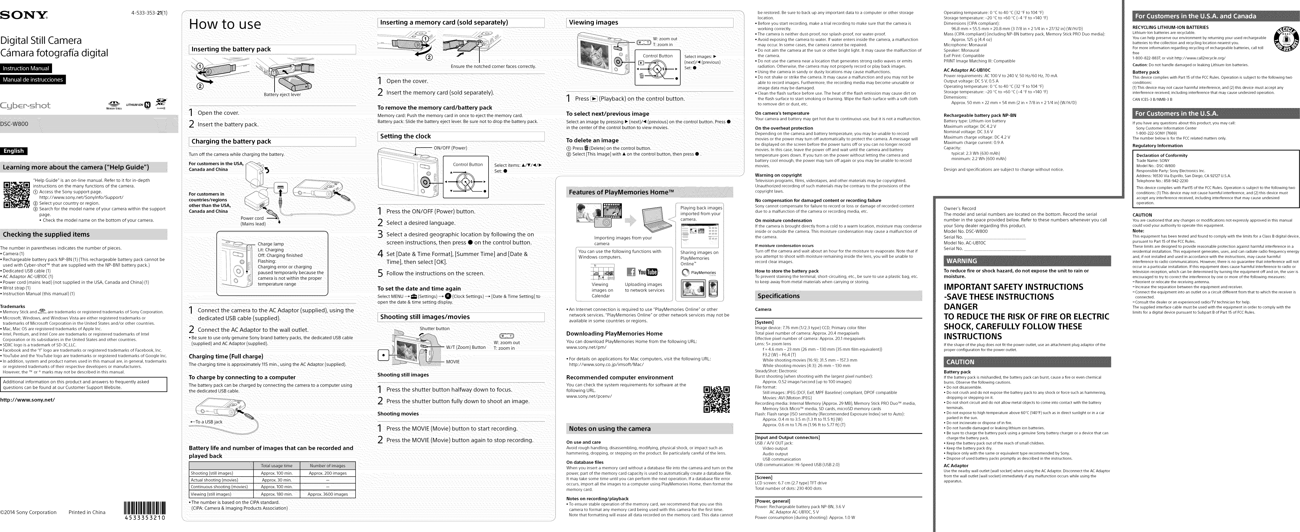 Page 1 of 2 - Sony DSC-W800B User Manual  DIGITAL CAMERA - Manuals And Guides 1407380L