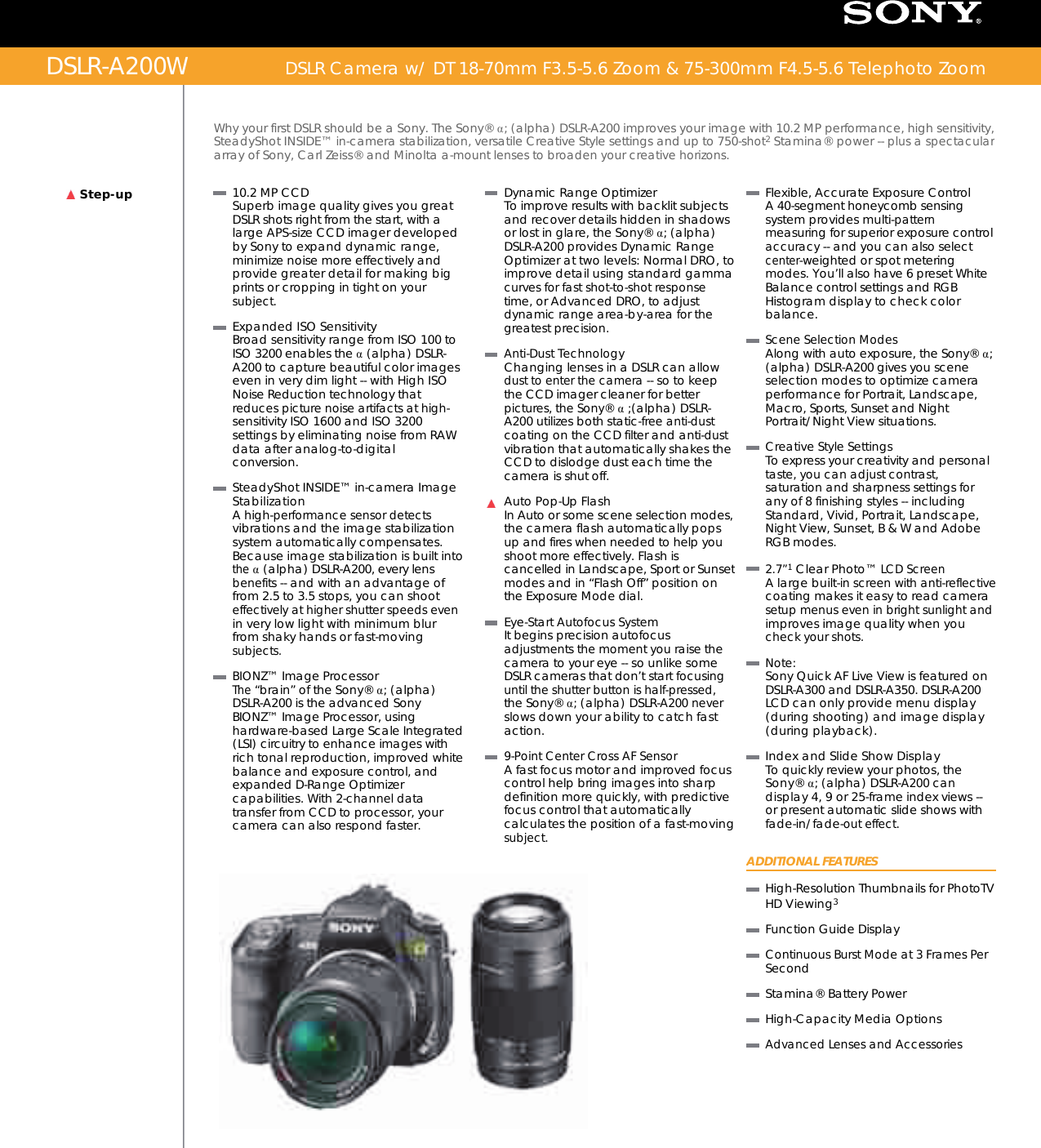 Page 1 of 2 - Sony DSLR-A200 User Manual Marketing Specifications (DSLR-A200W) DSLRA200W Mksp