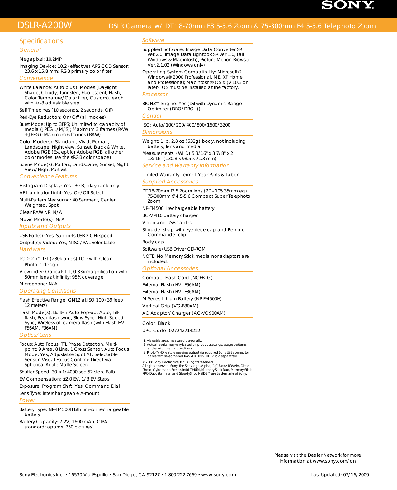 Page 2 of 2 - Sony DSLR-A200 User Manual Marketing Specifications (DSLR-A200W) DSLRA200W Mksp