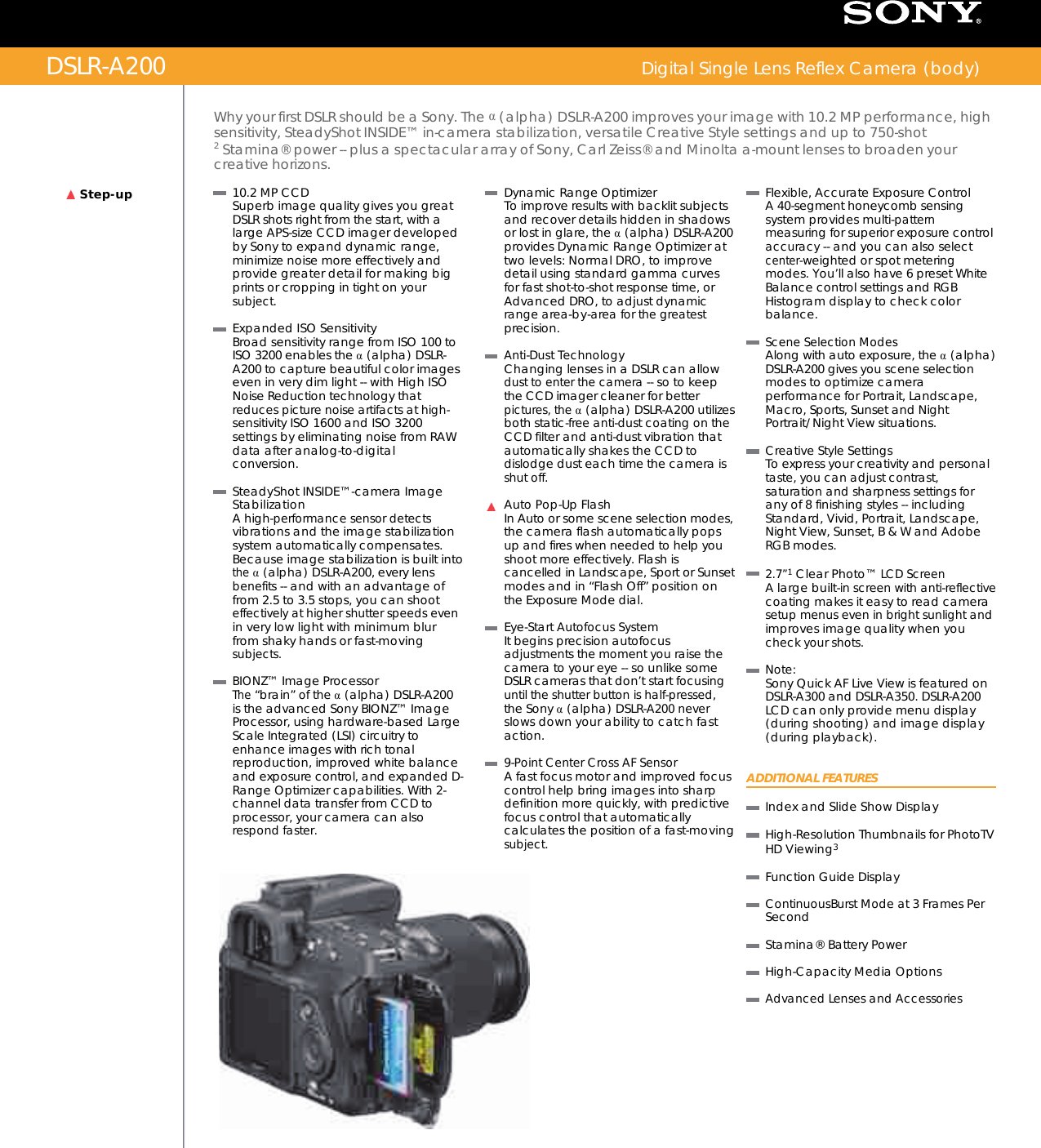 Sony DSLR A200 User Manual Marketing Specifications DSLRA200 Mksp