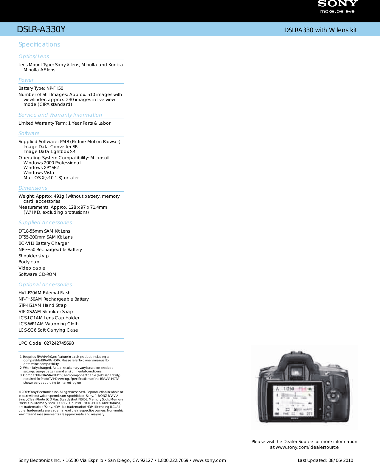 Page 2 of 2 - Sony DSLR-A330 User Manual Marketing Specifications (DSLR-A330Y Kit) DSLRA330Y Mksp