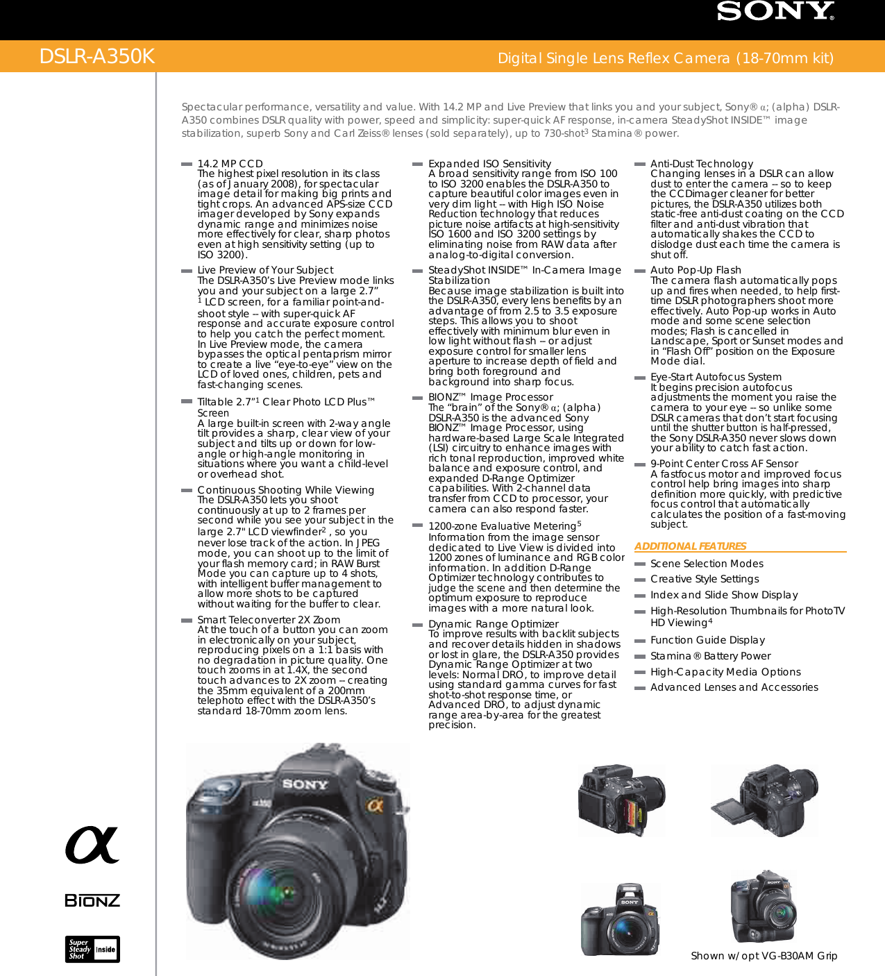 Page 1 of 2 - Sony DSLR-A350 User Manual Marketing Specifications (DSLR-A350K , Camera With Lens) DSLRA350K Mksp