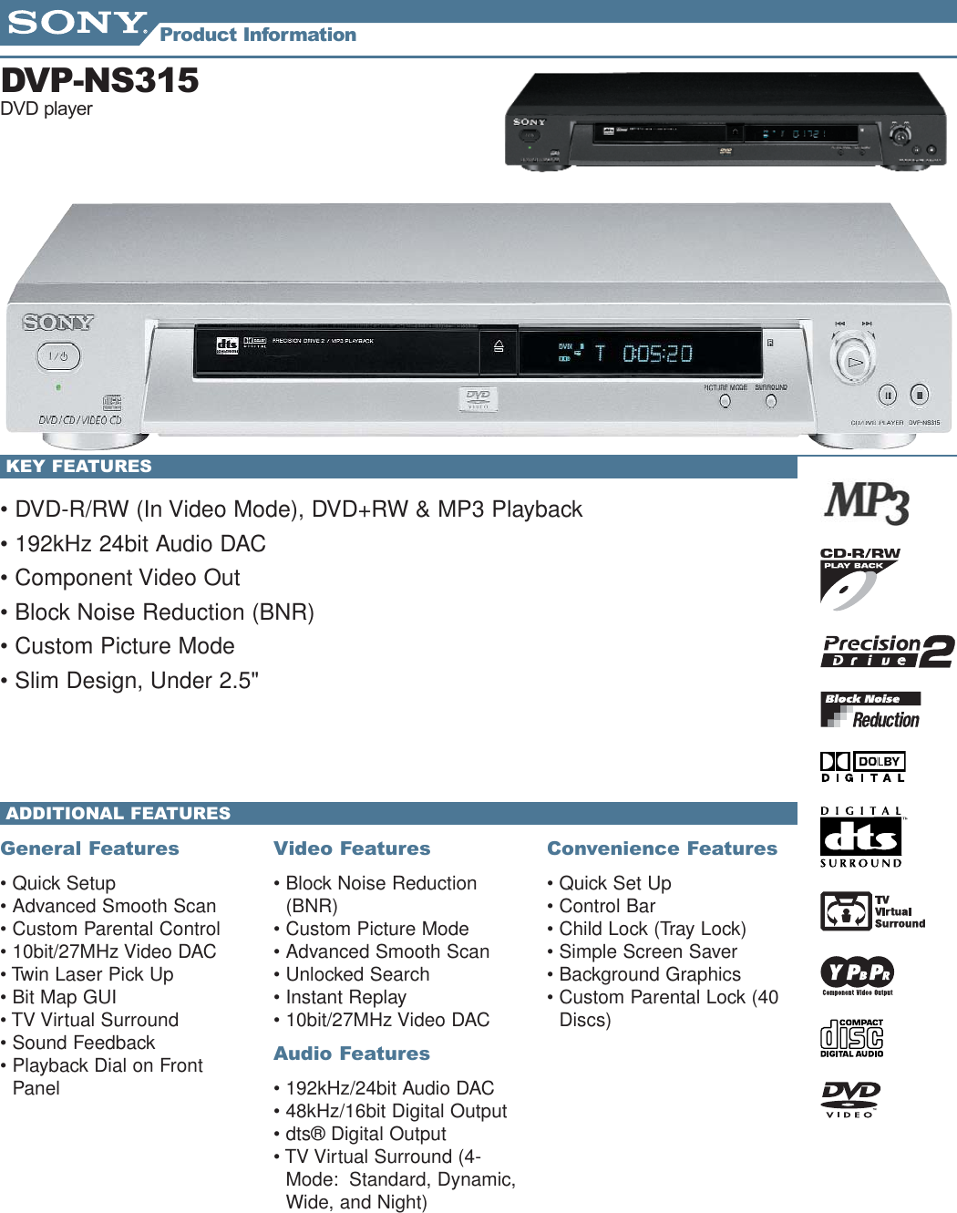 Page 1 of 2 - Sony DVP-NS315 DVD_Info_Sheets_1 User Manual Marketing Specifications DVPNS315 Sp