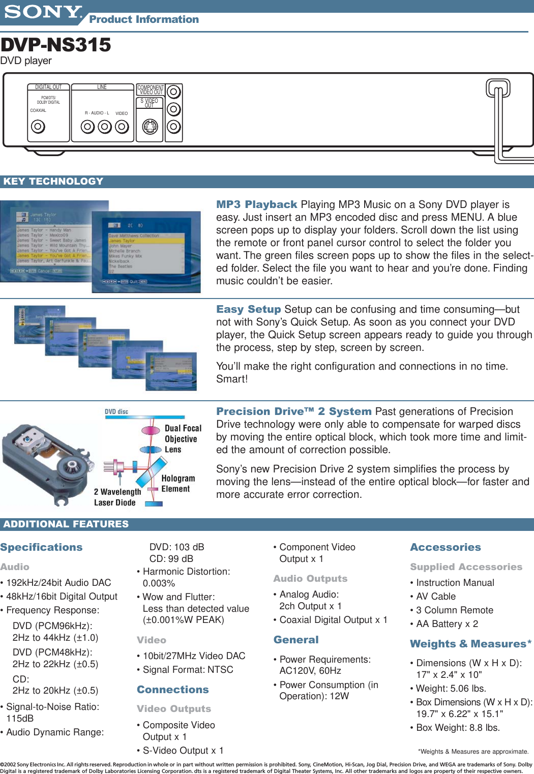 Page 2 of 2 - Sony DVP-NS315 DVD_Info_Sheets_1 User Manual Marketing Specifications DVPNS315 Sp