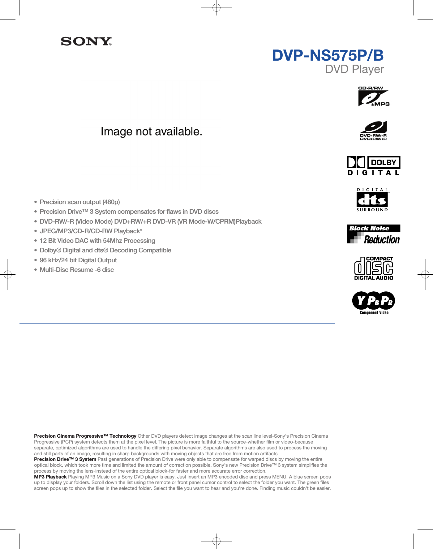 Page 1 of 2 - Sony DVP-NS575P User Manual Marketing Specifications DVPNS575PB Mksp