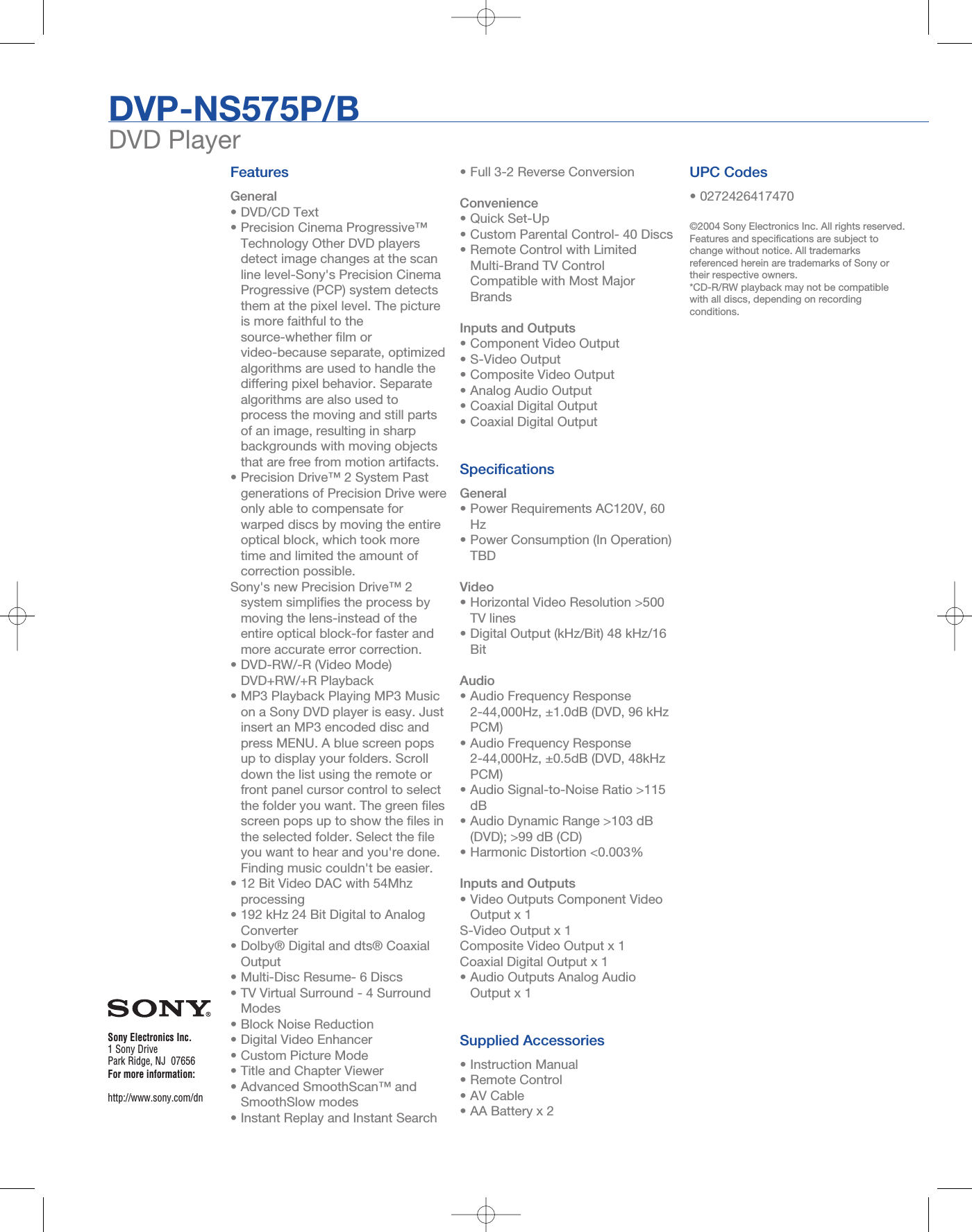 Page 2 of 2 - Sony DVP-NS575P User Manual Marketing Specifications DVPNS575PB Mksp