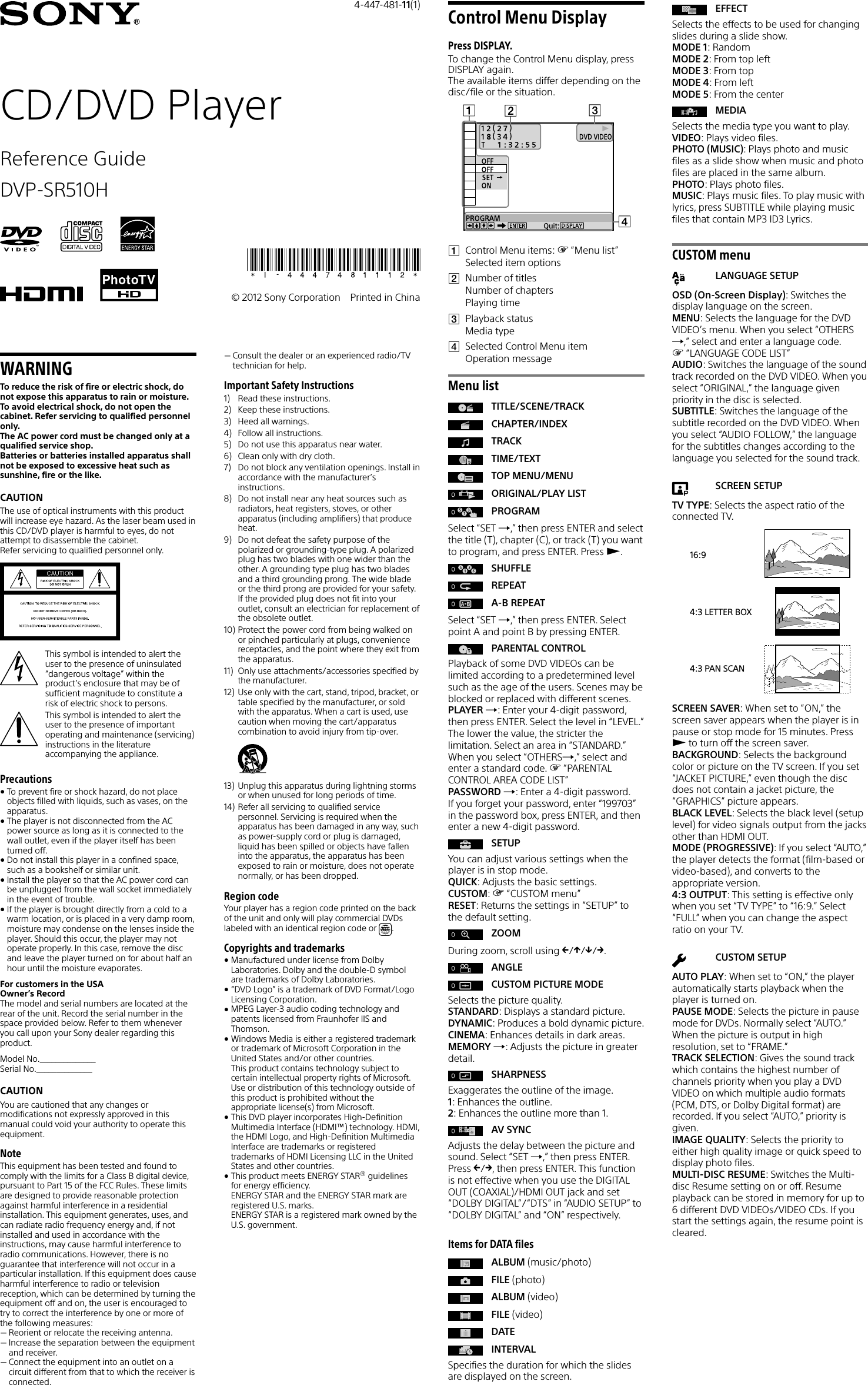 Page 1 of 2 - Sony DVP-SR510H User Manual Reference Guide DVPSR510H Refguide