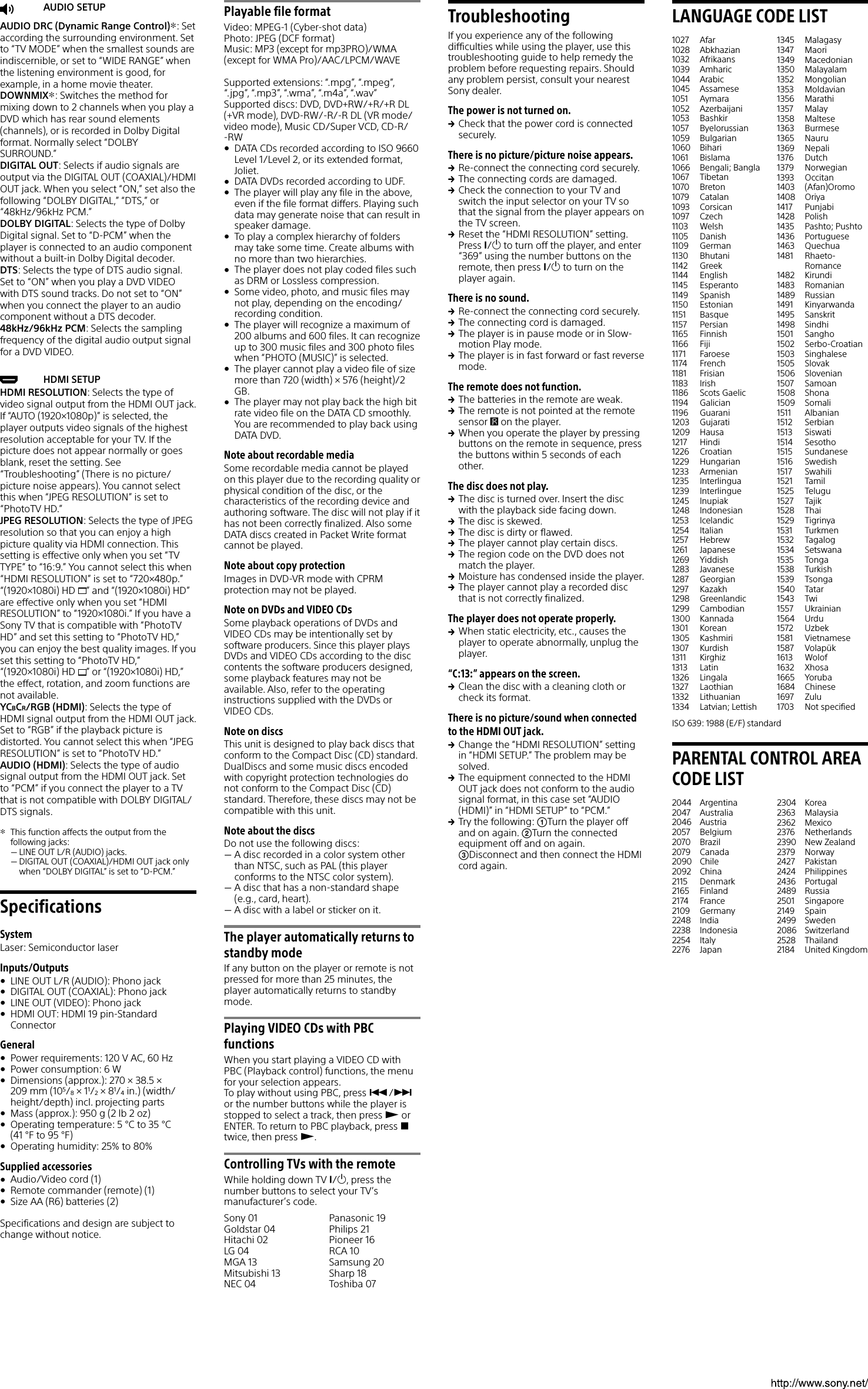Page 2 of 2 - Sony DVP-SR510H User Manual Reference Guide DVPSR510H Refguide