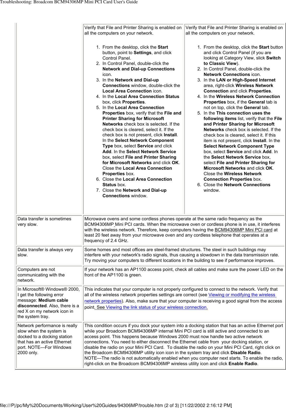 Troubleshooting: Broadcom BCM94306MP Mini PCI Card User&apos;s GuideVerify that File and Printer Sharing is enabled on all the computers on your network. 1.  From the desktop, click the Start button, point to Settings, and click Control Panel. 2.  In Control Panel, double-click the Network and Dial-up Connections icon. 3.  In the Network and Dial-up Connections window, double-click the Local Area Connection icon.4.  In the Local Area Connection Status box, click Properties.5.  In the Local Area Connection Properties box, verify that the File and Printer Sharing for Microsoft Networks check box is selected. If the check box is cleared, select it. If the check box is not present, click Install. In the Select Network Component Type box, select Service and click Add. In the Select Network Service box, select File and Printer Sharing for Microsoft Networks and click OK. Close the Local Area Connection Properties box.6.  Close the Local Area Connection Status box. 7.  Close the Network and Dial-up Connections window.Verify that File and Printer Sharing is enabled on all the computers on your network.1.  From the desktop, click the Start button and click Control Panel (if you are looking at Category View, slick Switch to Classic View). 2.  In Control Panel, double-click the Network Connections icon. 3.  In the LAN or High-Speed Internet area, right-click Wireless Network Connection and click Properties.4.  In the Wireless Network Connection Properties box, if the General tab is not on top, click the General tab.5.  In the This connection uses the following items list, verify that the File and Printer Sharing for Microsoft Networks check box is selected. If the check box is cleared, select it. If this item is not present, click Install. In the Select Network Component Type box, select Service and click Add. In the Select Network Service box, select File and Printer Sharing for Microsoft Networks and click OK. Close the Wireless Network Connection Properties box.6.  Close the Network Connections window.Data transfer is sometimes very slow.Microwave ovens and some cordless phones operate at the same radio frequency as the BCM94306MP Mini PCI cards. When the microwave oven or cordless phone is in use, it interferes with the wireless network. Therefore, keep computers having the BCM94306MP Mini PCI card at least 20 feet away from your microwave oven and any cordless telephone that operates at a frequency of 2.4 GHz.Data transfer is always very slow.Some homes and most offices are steel-framed structures. The steel in such buildings may interfere with your network&apos;s radio signals, thus causing a slowdown in the data transmission rate. Try moving your computers to different locations in the building to see if performance improves.Computers are not communicating with the network.If your network has an AP1100 access point, check all cables and make sure the power LED on the front of the AP1100 is green.In Microsoft® Windows® 2000, I get the following error message: Medium cable disconnected. Also, there is a red X on my network icon in the system tray.  This indicates that your computer is not properly configured to connect to the network. Verify that all of the wireless network properties settings are correct (see Viewing or modifying the wireless network properties). Also, make sure that your computer is receiving a good signal from the access point. See Viewing the link status of your wireless connection.Network performance is really slow when the system is docked to a docking station that has an active Ethernet port. NOTE—For Windows 2000 only.This condition occurs if you dock your system into a docking station that has an active Ethernet port while your Broadcom BCM94306MP internal Mini PCI card is still active and connected to an access point. This happens because Windows 2000 must now handle two active network connections. You need to either disconnect the Ethernet cable from  your docking station, or disable the radio on your Mini PCI Card.  To disable the radio on your Mini PCI Card, right click on the Broadcom BCM94306MP utility icon icon in the system tray and click Disable Radio. NOTE—The radio is not automatically enabled when you computer next starts. To enable the radio, right-click on the Broadcom BCM94306MP wireless utility icon and click Enable Radio.file:///P|/pc/My%20Documents/Working/User%20Guides/94306MP/trouble.htm (2 of 3) [11/22/2002 2:16:12 PM]