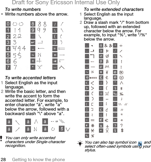 28 Getting to know the phoneDraft for Sony Ericsson Internal Use OnlyTo write numbers•Write numbers above the arrow.To write accented letters1Select English as the input language. 2Write the basic letter, and then write the accent to form the accented letter. For example, to enter character &quot;à&quot;, write &quot;a&quot; below the arrow, followed with a backward slash &quot;\&quot; above &quot;a&quot;.To write extended characters1Select English as the input language.2Draw a slash mark &quot;/&quot; from bottom up, followed with an extended character below the arrow. For example, to input &quot;%&quot;, write &quot;/%&quot; below the arrow.You can only write accented characters under Single-character recognition.SYou can also tap symbol icon   and select often-used symbols using your stylus.