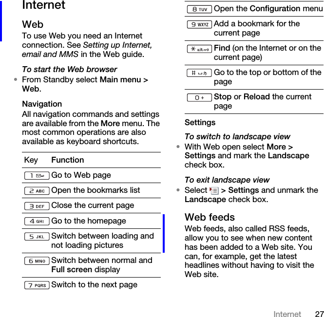 27InternetInternetWebTo use Web you need an Internet connection. See Setting up Internet, email and MMS in the Web guide.To start the Web browser•From Standby select Main menu &gt; Web.NavigationAll navigation commands and settings are available from the More menu. The most common operations are also available as keyboard shortcuts.SettingsTo switch to landscape view•With Web open select More &gt; Settings and mark the Landscape check box.To exit landscape view•Select  &gt; Settings and unmark the Landscape check box.Web feedsWeb feeds, also called RSS feeds, allow you to see when new content has been added to a Web site. You can, for example, get the latest headlines without having to visit the Web site.Key FunctionGo to Web pageOpen the bookmarks listClose the current pageGo to the homepageSwitch between loading and not loading picturesSwitch between normal and Full screen displaySwitch to the next pageOpen the Configuration menuAdd a bookmark for the current pageFind (on the Internet or on the current page)Go to the top or bottom of the pageStop or Reload the current page