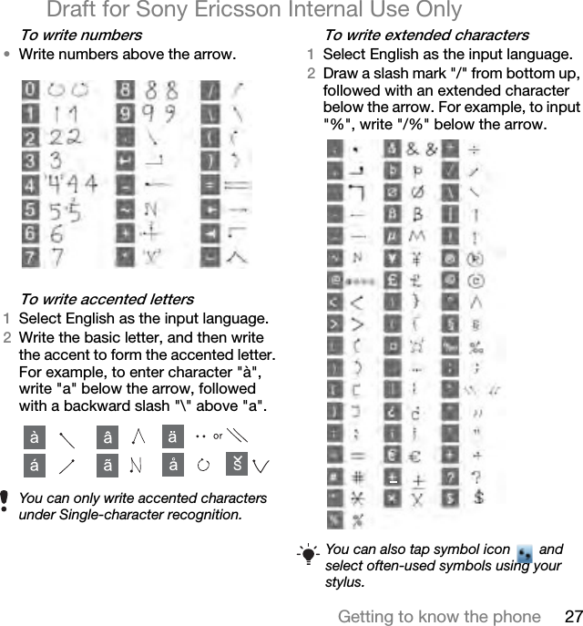 27Getting to know the phoneDraft for Sony Ericsson Internal Use Onlyqç=ïêáíÉ=åìãÄÉêë√Write numbers above the arrow.qç=ïêáíÉ=~ÅÅÉåíÉÇ=äÉííÉêëNSelect English as the input language. OWrite the basic letter, and then write the accent to form the accented letter. For example, to enter character &quot;à&quot;, write &quot;a&quot; below the arrow, followed with a backward slash &quot;\&quot; above &quot;a&quot;.qç=ïêáíÉ=ÉñíÉåÇÉÇ=ÅÜ~ê~ÅíÉêëNSelect English as the input language.ODraw a slash mark &quot;/&quot; from bottom up, followed with an extended character below the arrow. For example, to input &quot;%&quot;, write &quot;/%&quot; below the arrow.You can only write accented characters under Single-character recognition.SYou can also tap symbol icon   and select often-used symbols using your stylus.