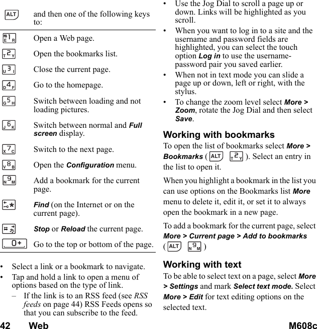 42       Web M608c    This is the Internet version of the user&apos;s guide. © Print only for private use.• Select a link or a bookmark to navigate. • Tap and hold a link to open a menu of options based on the type of link.– If the link is to an RSS feed (see RSS feeds on page 44) RSS Feeds opens so that you can subscribe to the feed.• Use the Jog Dial to scroll a page up or down. Links will be highlighted as you scroll.• When you want to log in to a site and the username and password fields are highlighted, you can select the touch option Log in to use the username-password pair you saved earlier.• When not in text mode you can slide a page up or down, left or right, with the stylus.• To change the zoom level select More &gt; Zoom, rotate the Jog Dial and then select Save.Working with bookmarksTo open the list of bookmarks select More &gt; Bookmarks ( ). Select an entry in the list to open it.When you highlight a bookmark in the list you can use options on the Bookmarks list More menu to delete it, edit it, or set it to always open the bookmark in a new page.To add a bookmark for the current page, select More &gt; Current page &gt; Add to bookmarks ( )Working with textTo be able to select text on a page, select More &gt; Settings and mark Select text mode. Select More &gt; Edit for text editing options on the selected text.  and then one of the following keys to: Open a Web page.Open the bookmarks list.Close the current page.Go to the homepage.Switch between loading and not loading pictures.Switch between normal and Full screen display.Switch to the next page.Open the Configuration menu.Add a bookmark for the current page.Find (on the Internet or on the current page).Stop or Reload the current page.Go to the top or bottom of the page.ALTERTYUIDFGHJKXCVBN MALTTYALTN M