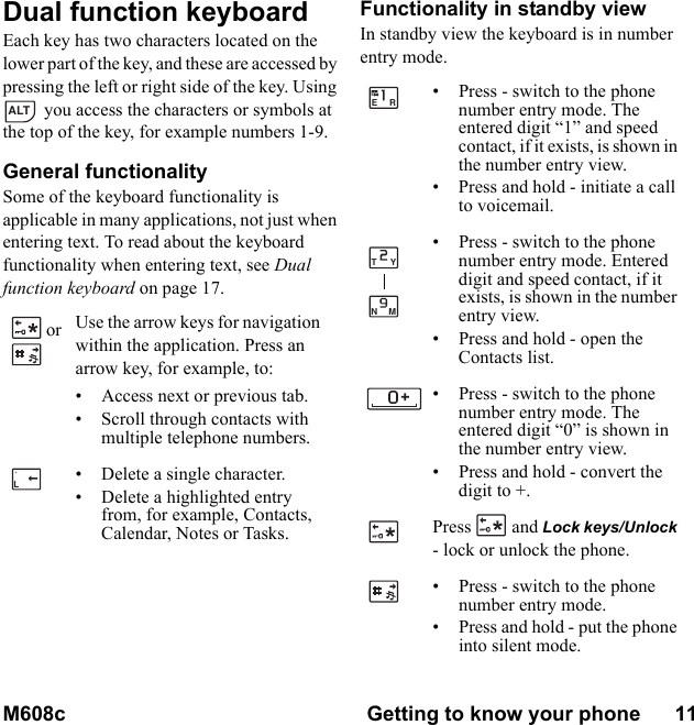 M608c Getting to know your phone      11    This is the Internet version of the user&apos;s guide. © Print only for private use.Dual function keyboardEach key has two characters located on the lower part of the key, and these are accessed by pressing the left or right side of the key. Using  you access the characters or symbols at the top of the key, for example numbers 1-9.General functionalitySome of the keyboard functionality is applicable in many applications, not just when entering text. To read about the keyboard functionality when entering text, see Dual function keyboard on page 17.Functionality in standby viewIn standby view the keyboard is in number entry mode.or Use the arrow keys for navigation within the application. Press an arrow key, for example, to:• Access next or previous tab.• Scroll through contacts with multiple telephone numbers.• Delete a single character.• Delete a highlighted entry from, for example, Contacts, Calendar, Notes or Tasks.ALTL`• Press - switch to the phone number entry mode. The entered digit “1” and speed contact, if it exists, is shown in the number entry view.• Press and hold - initiate a call to voicemail.• Press - switch to the phone number entry mode. Entered digit and speed contact, if it exists, is shown in the number entry view.• Press and hold - open the Contacts list.• Press - switch to the phone number entry mode. The entered digit “0” is shown in the number entry view.• Press and hold - convert the digit to +. Press  and Lock keys/Unlock - lock or unlock the phone.• Press - switch to the phone number entry mode.• Press and hold - put the phone into silent mode.ERTYN M