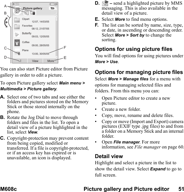 M608c Picture gallery and Picture editor      51    This is the Internet version of the user&apos;s guide. © Print only for private use.You can also start Picture editor from Picture gallery in order to edit a picture.To open Picture gallery select Main menu &gt; Multimedia &gt; Picture gallery.A. Select one of two tabs and see either the folders and pictures stored on the Memory Stick or those stored internally on the phone. B. Rotate the Jog Dial to move through folders and files in the list. To open a detail view of a picture highlighted in the list, select View.C. Copyright-protection may prevent content from being copied, modified or transferred. If a file is copyright-protected, or if an access key has expired or is unavailable, an icon is displayed.D.  – send a highlighted picture by MMS messaging. This is also available in the  detail view of a picture.E. Select More to find menu options.F. The list can be sorted by name, size, type, or date, in ascending or descending order. Select More &gt; Sort by to change the sorting.Options for using picture files You will find options for using pictures under More &gt; Use.Options for managing picture files Select More &gt; Manage files for a menu with options for managing selected files and folders. From this menu you can:• Open Picture editor to create a new picture.• Create a new folder.• Copy, move, rename and delete files.• Copy or move (Import and Export) camera pictures (EXIF type .jpg files) to and from a folder on a Memory Stick and an internal folder.•Open File manager. For more information, see File manager on page 60.Detail viewHighlight and select a picture in the list to show the detail view. Select Expand to go to full screen.