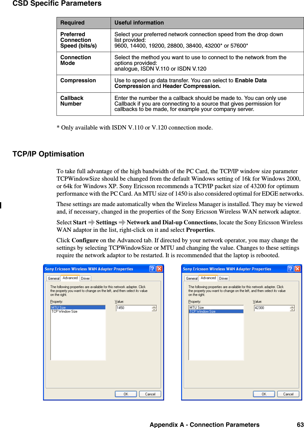 Appendix A - Connection Parameters 63CSD Specific Parameters* Only available with ISDN V.110 or V.120 connection mode.TCP/IP OptimisationTo take full advantage of the high bandwidth of the PC Card, the TCP/IP window size parameter TCPWindowSize should be changed from the default Windows setting of 16k for Windows 2000, or 64k for Windows XP. Sony Ericsson recommends a TCP/IP packet size of 43200 for optimum performance with the PC Card. An MTU size of 1450 is also considered optimal for EDGE networks.These settings are made automatically when the Wireless Manager is installed. They may be viewed and, if necessary, changed in the properties of the Sony Ericsson Wireless WAN network adaptor.Select Start   Settings   Network and Dial-up Connections, locate the Sony Ericsson Wireless WAN adaptor in the list, right-click on it and select Properties.Click Configure on the Advanced tab. If directed by your network operator, you may change the settings by selecting TCPWindowSize or MTU and changing the value. Changes to these settings require the network adaptor to be restarted. It is recommended that the laptop is rebooted.Required Useful informationPreferred Connection Speed (bits/s)Select your preferred network connection speed from the drop down list provided:9600, 14400, 19200, 28800, 38400, 43200* or 57600*Connection ModeSelect the method you want to use to connect to the network from the options provided:analogue, ISDN V.110 or ISDN V.120Compression Use to speed up data transfer. You can select to Enable Data Compression and Header Compression.Callback NumberEnter the number the a callback should be made to. You can only use Callback if you are connecting to a source that gives permission for callbacks to be made, for example your company server.