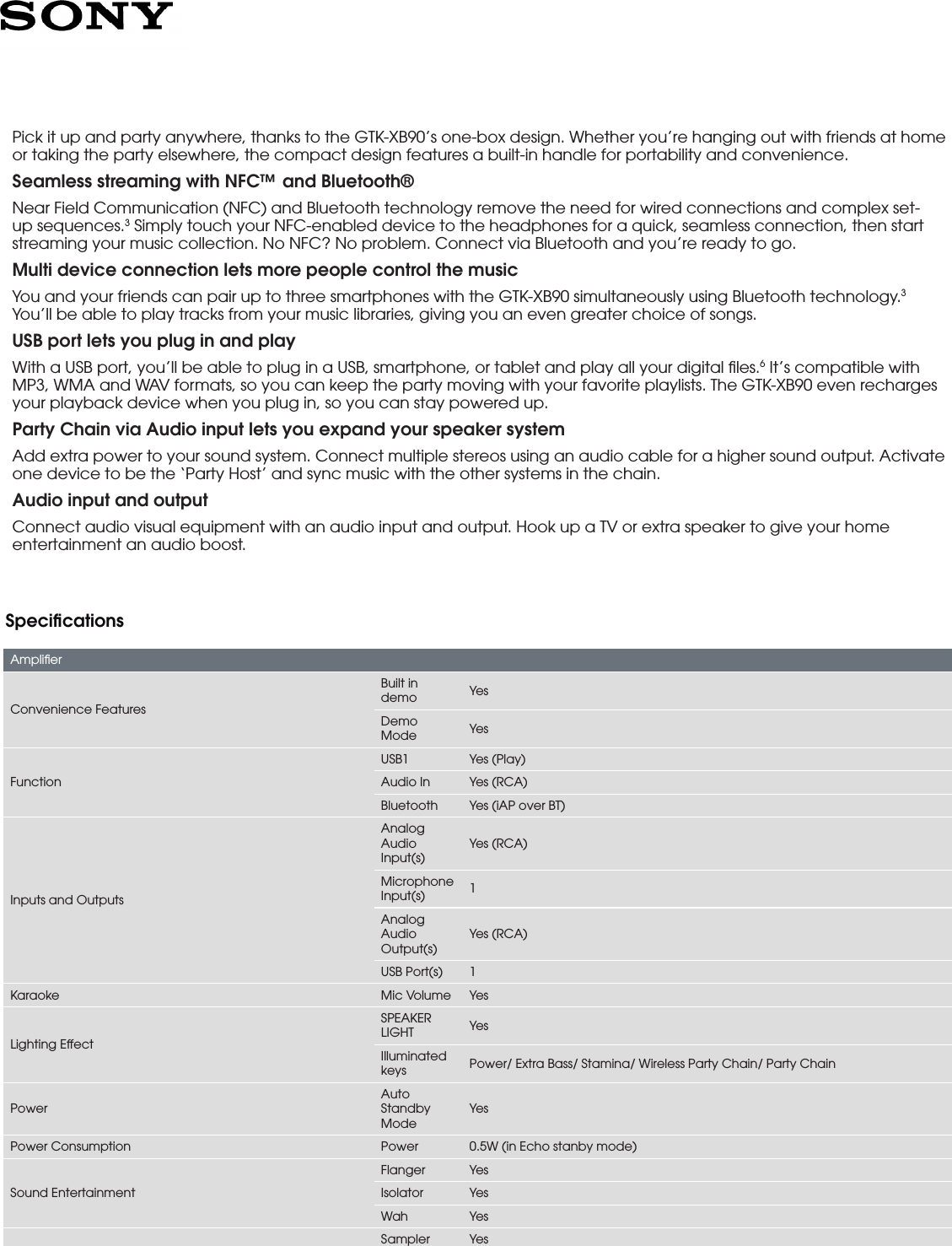 Page 2 of 4 - Sony GTK-XB90 User Manual Marketing Specifications GTKXB90B Mksp